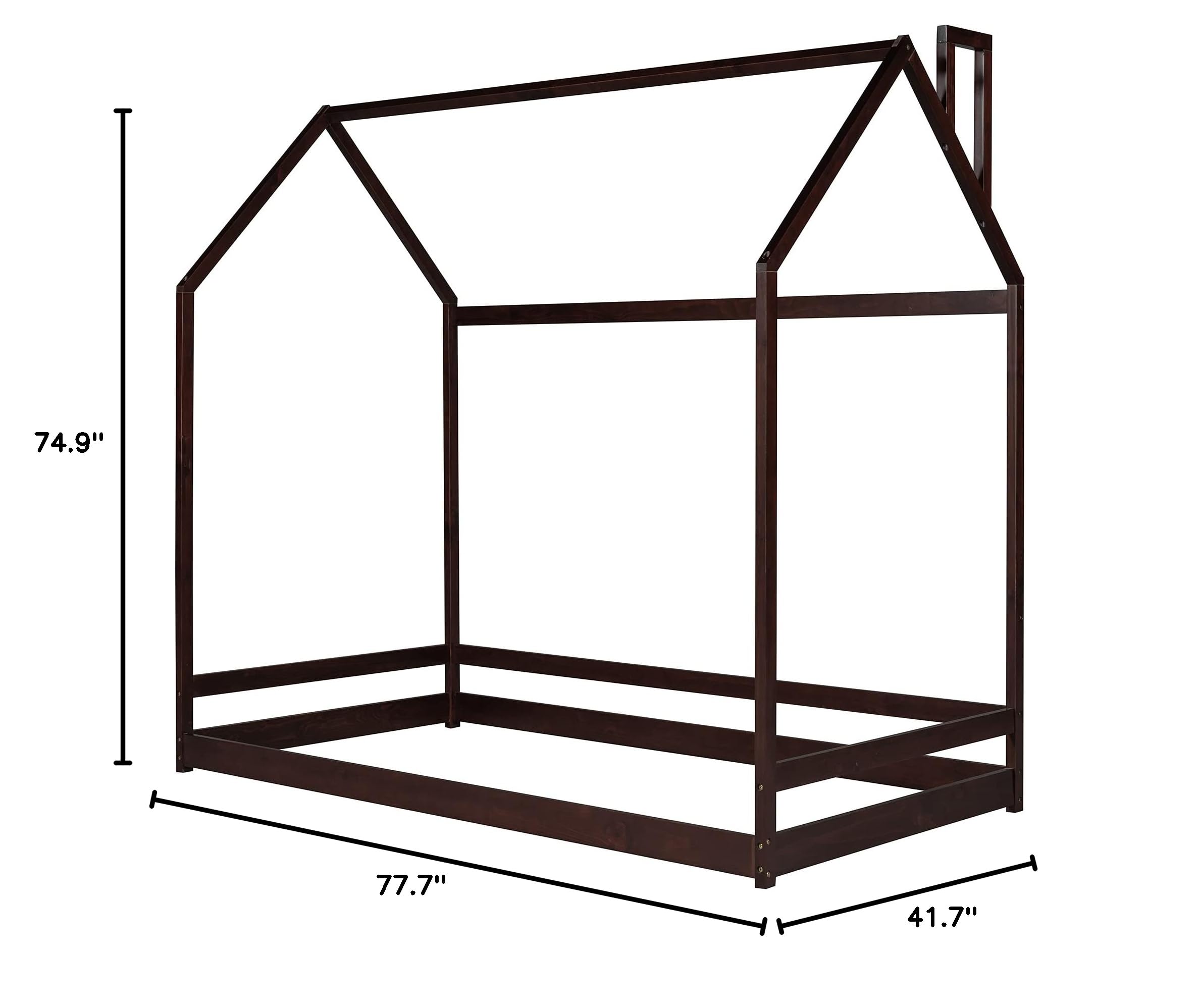 Twin Size Wooden Playhouse Canopy Bed Frame for Kids - House Design with Tent, Low Floor Height in Espresso Finish | Perfect for Bedrooms, Playrooms & Sleepovers