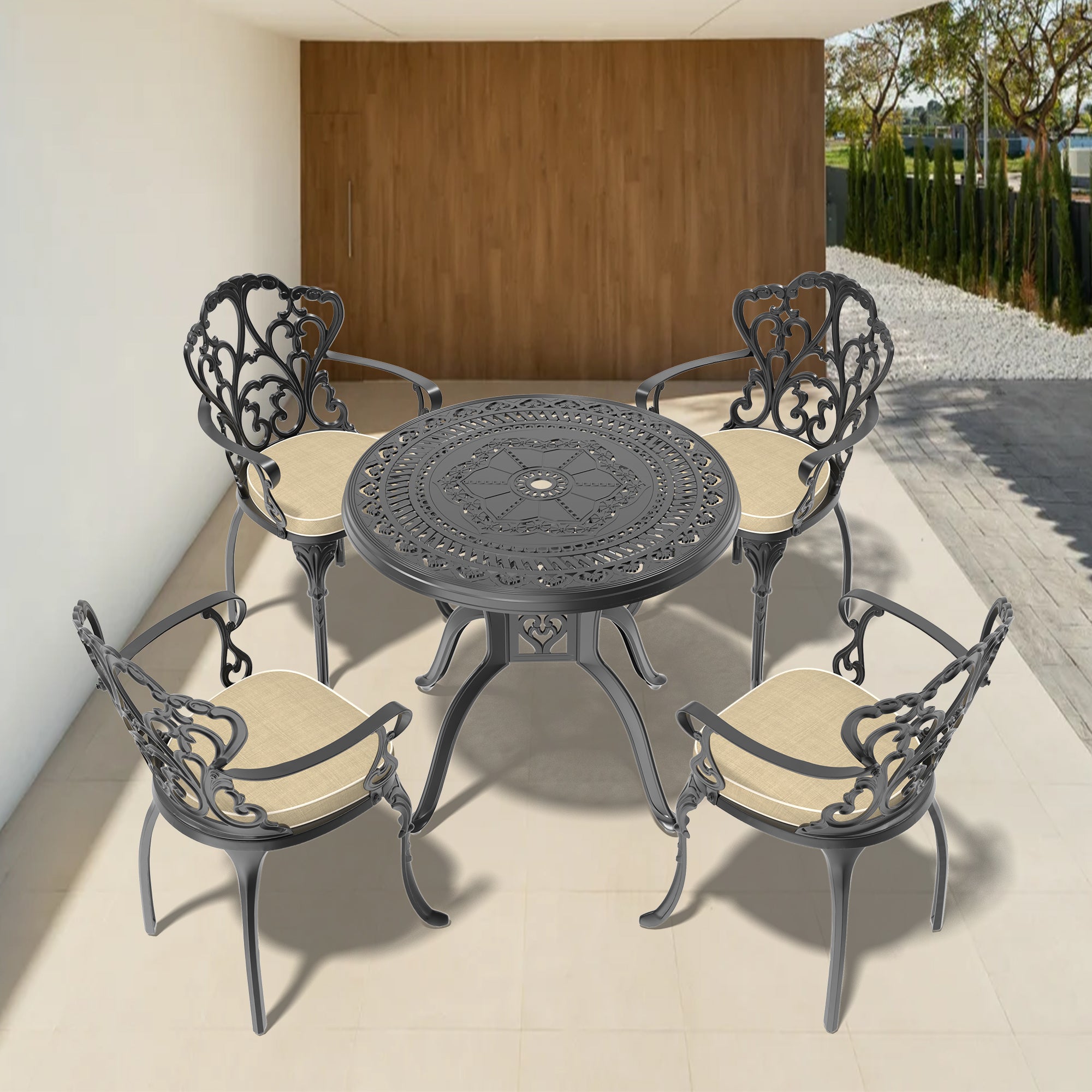 5-Piece Cast Aluminum Patio Furniture Set with Cushions (Random Colors) - Outdoor Dining & Lounge Set for Garden, Poolside, and Backyard Relaxation