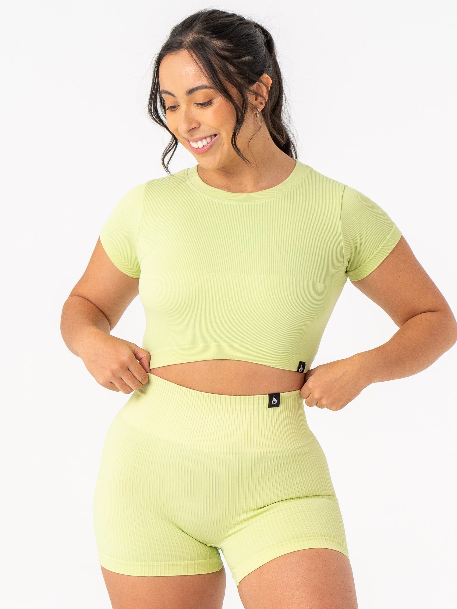 Seamless Ribbed T-Shirt for Women - Soft Stretch Lime Green Casual Tee - Perfect for Yoga, Workouts & Everyday Wear