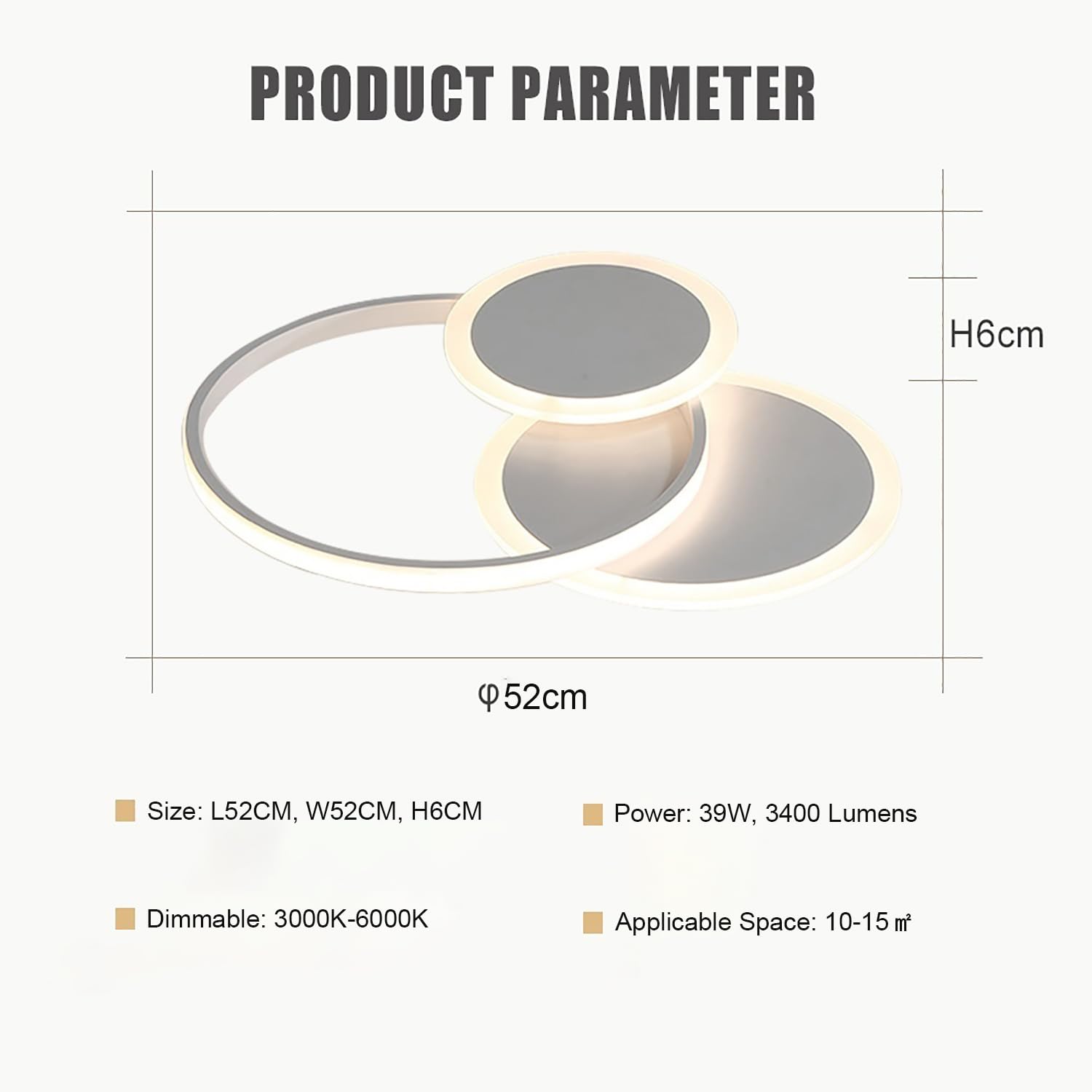 39W Modern Round LED Ceiling Light, Dimmable 3000K-6000K, 52CM Bedroom Ceiling Fixture - Perfect for Living Room, Bedroom & Kids Room Lighting