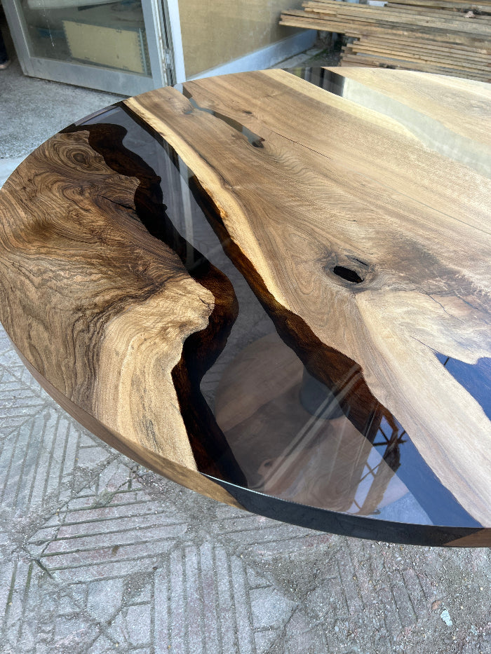 Handmade Custom Round Epoxy Resin Walnut Dining Table with Solid Wood Base - Perfect for Kitchen, Dining Room, and Modern Home Decor