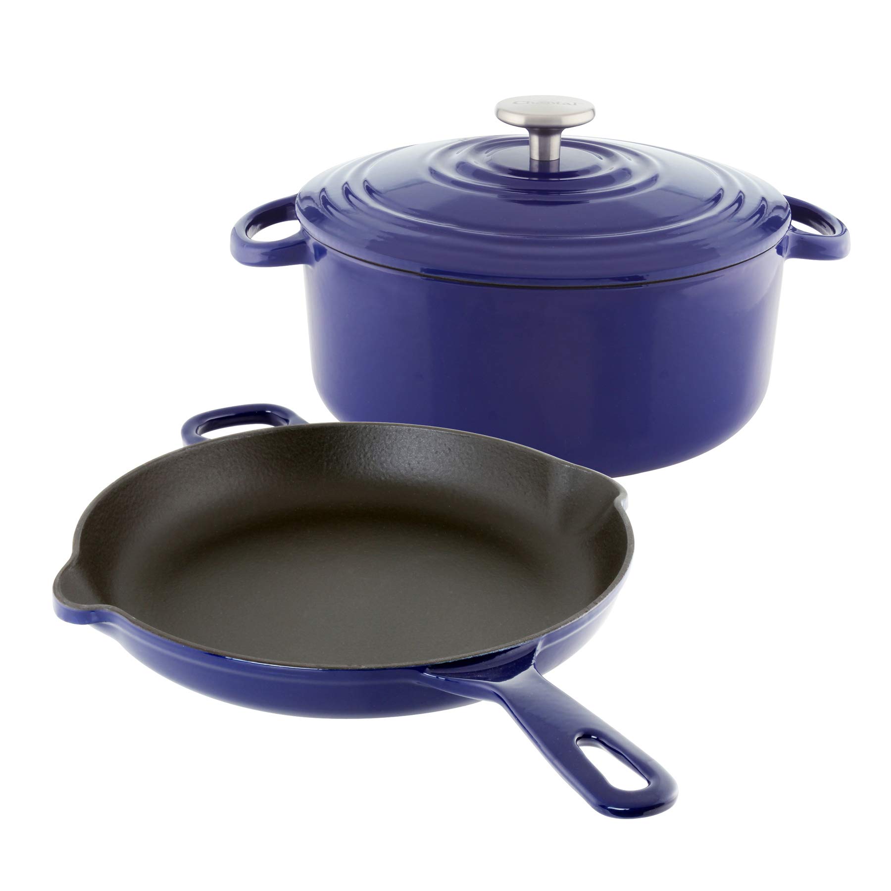 Chantal Enameled Cast Iron Cookware Set - 3-Piece Nonstick Kitchen Cookware with Lid, Cobalt Blue | Dutch Oven & Skillet for Baking, Roasting, Searing & Serving | Stovetop & Oven Safe to 500°F