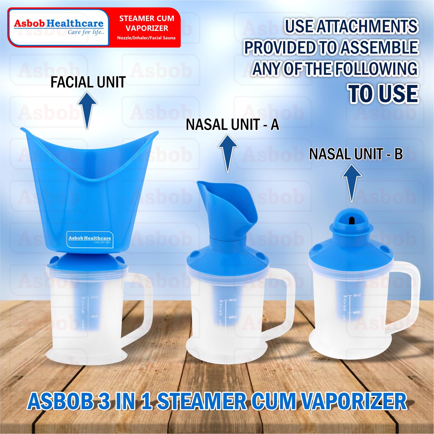 Asbob 3-in-1 Steamer for Cold & Cough Relief - Electric Vaporizer for Adults, Facial Steamer & Steam Inhaler - Portable Nebulizer for Home & Travel Use (Blue) - Perfect for Congestion Relief & Skincare Routine