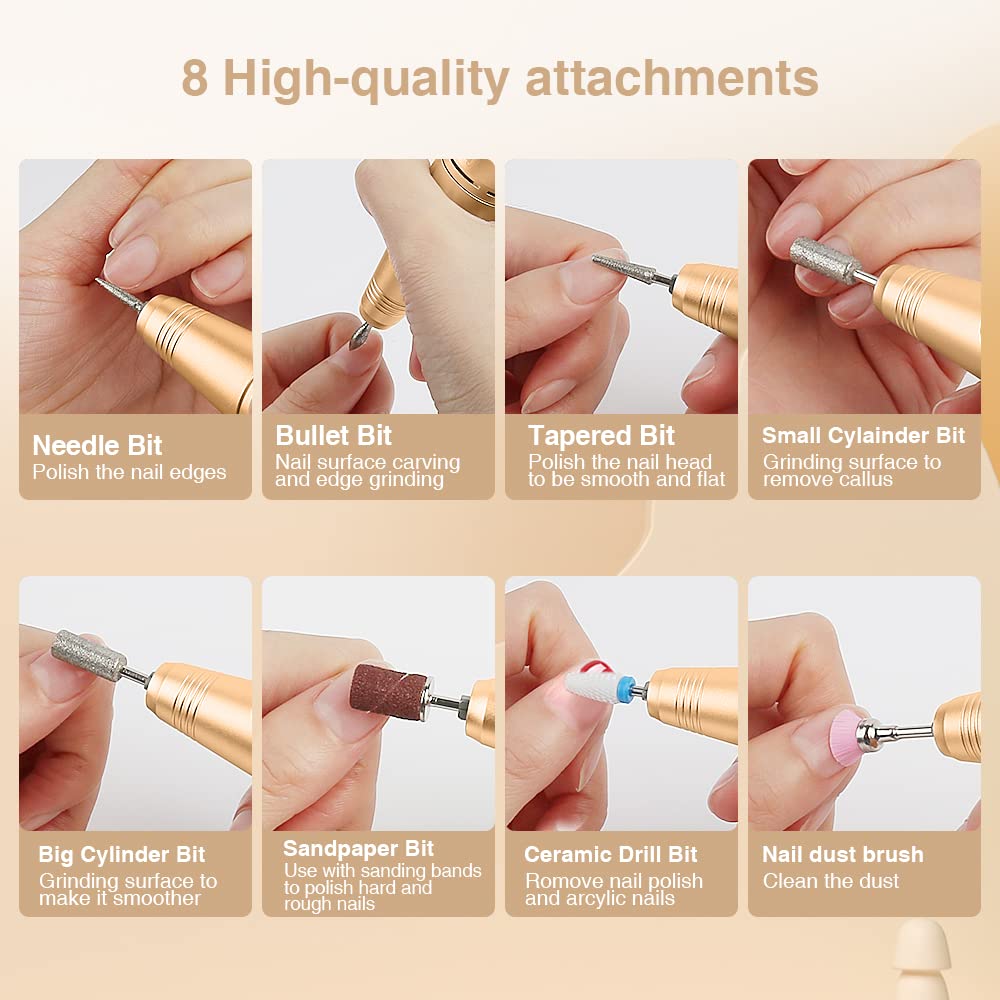 Professional 30000RPM Rechargeable Nail Drill Kit for Acrylic & Gel Nails - 18K Gold Electric Nail File with 8 Bits | At-Home Manicures, Salon Quality Nail Art, DIY Nail Extensions & Pedicures