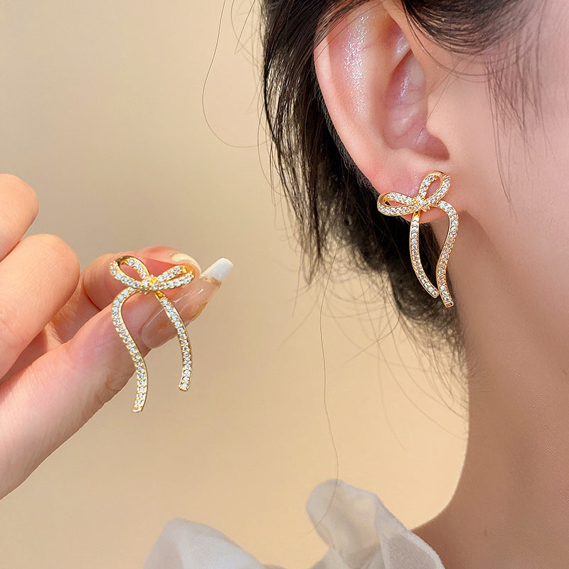 Sparkly Ribbon Bow Irregular Ear Jacket Earrings for Women - Trendy Dangle Drop Earrings for Parties, Weddings & Special Occasions | A8208