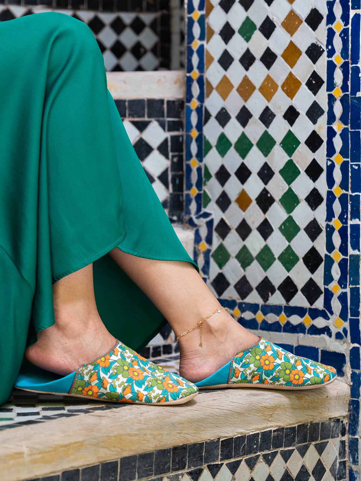 Margot Floral Babouche Slippers for Women - Soft Aqua Blue House Shoes with Non-Slip Sole | Perfect for Indoor Comfort, Lounge Wear & Spa Days
