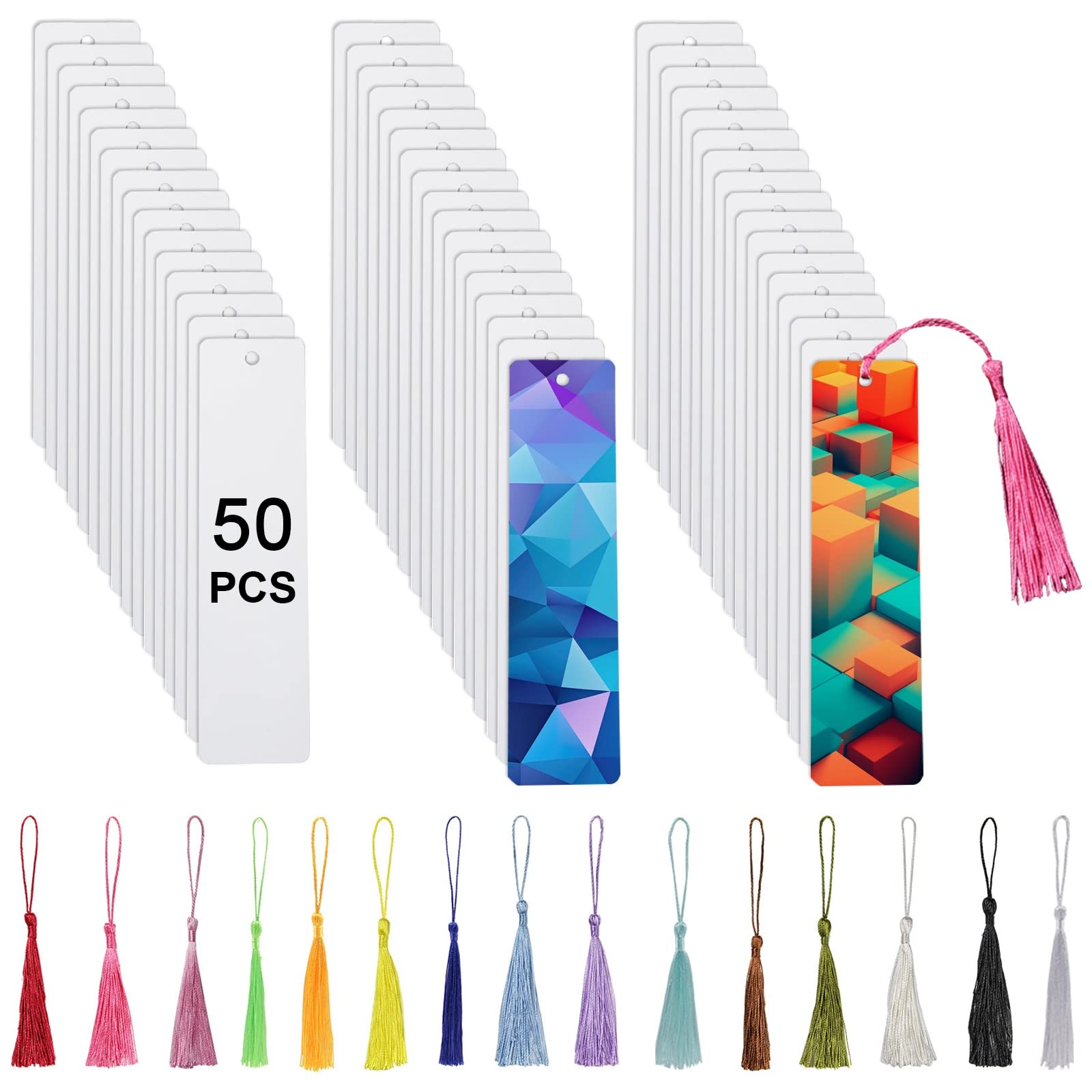 50 Pcs DIY Sublimation Blank Aluminum Metal Bookmarks Bulk with Hole & Colorful Tassels - Heat Transfer Craft Supplies for Personalized Gifts, Reading Accessories, Party Favors, and Scrapbooking Projects