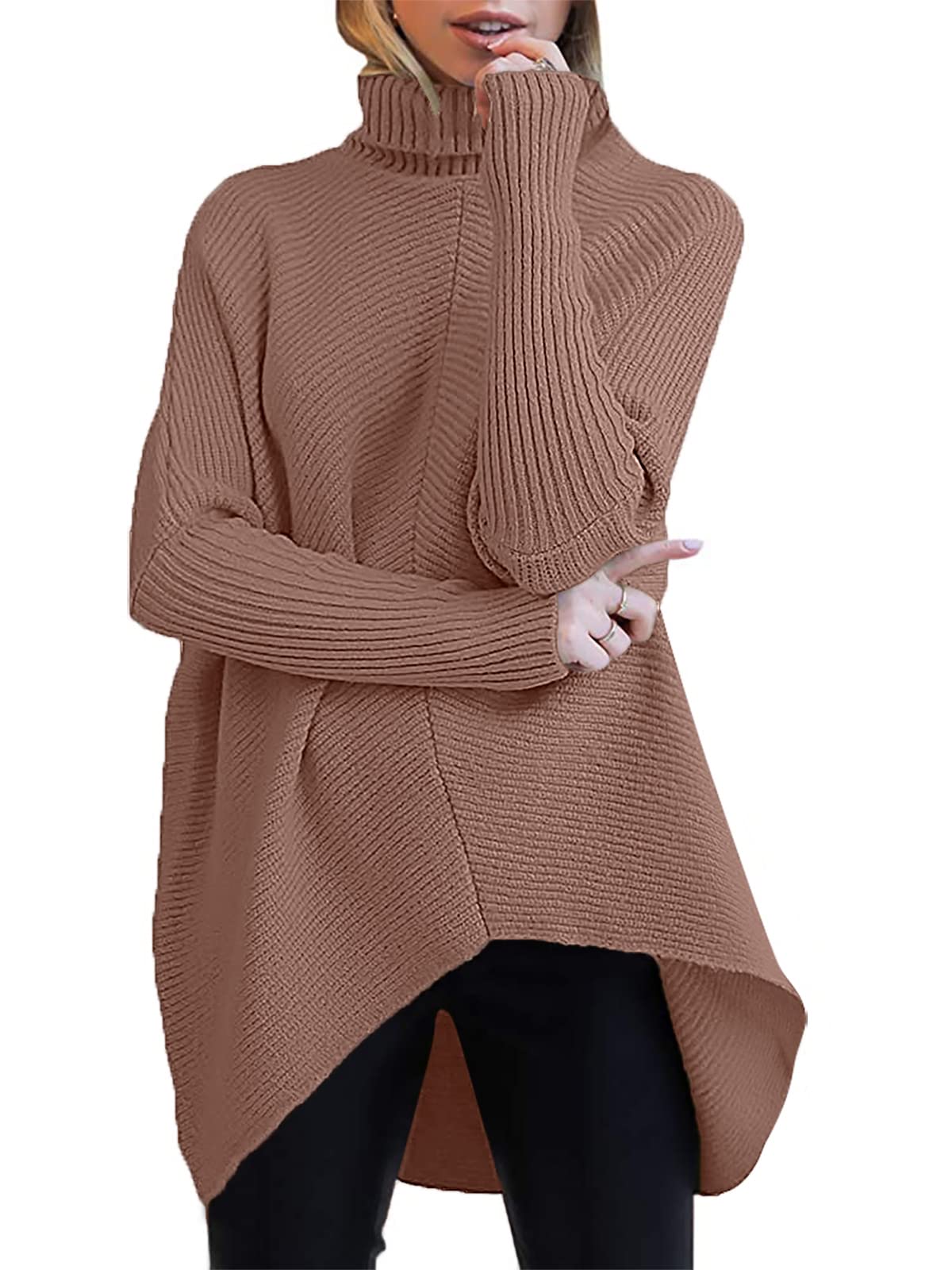 Caracilia Women's Turtleneck Long Sleeve Sweater - Casual Knit Pullover Top with Asymmetrical Hem | Perfect for Fall Winter Outfits, Office Wear & Coffee Dates
