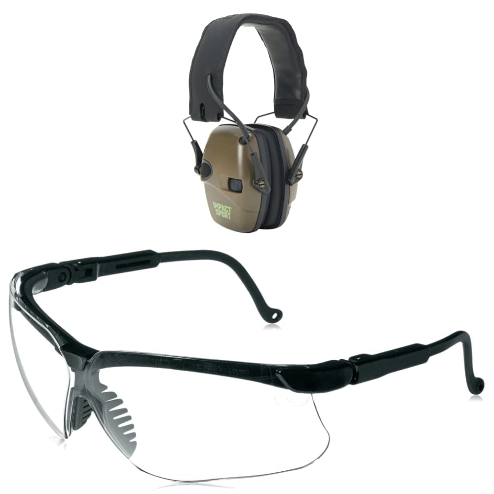Howard Leight Impact Sport Bluetooth 5.0 Electronic Shooting Earmuffs with Howard Leight by Honeywell Genesis Sharp-Shooter Shooting Glasses, Clear Lens (R-03570) - Perfect for Range Shooting, Hunting & Outdoor Sports Protection