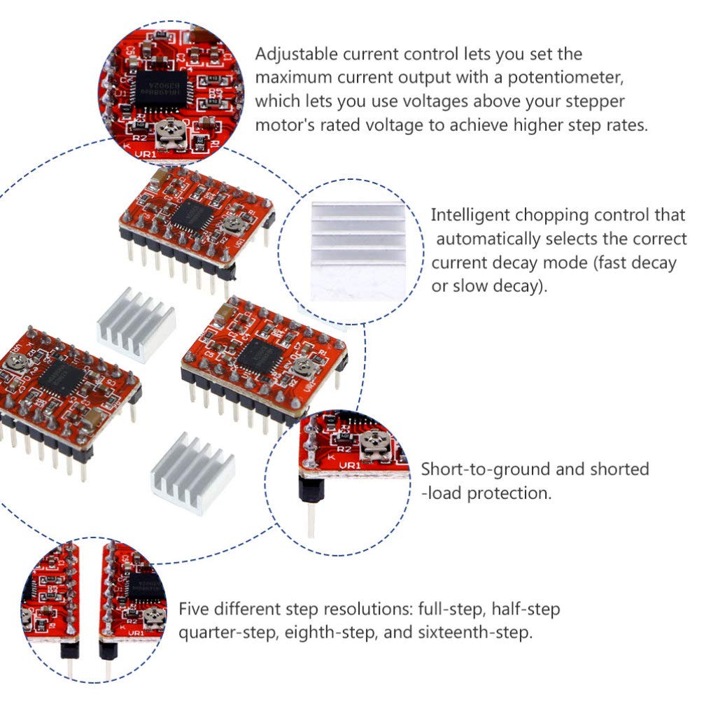 5pcs Stepper Motor Driver Module for 3D Printer Accessories - Red PCB Radiator, 3 Stepper Motor Pedals - Perfect for DIY Electronics, Robotics, and CNC Projects