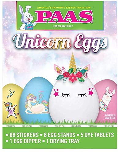 PAAS Unicorn Eggs Easter Egg Decorating Kit - 68 Stickers, 8 Egg Stands, 5 Dye Tablets for DIY Crafts | Perfect for Easter Celebrations, Kids Activities & Spring Party Decorations