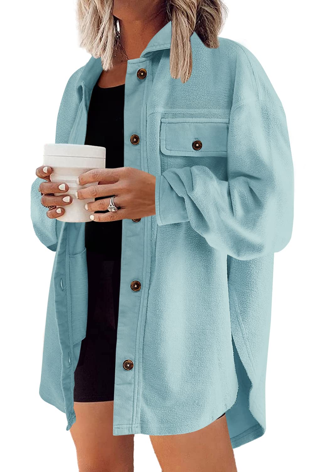 Women's Waffle Knit Shirt Jacket - Oversized Button Down Shacket with Batwing Sleeves & Pockets | Casual Fall Layering Piece for Work & Weekend Outfits