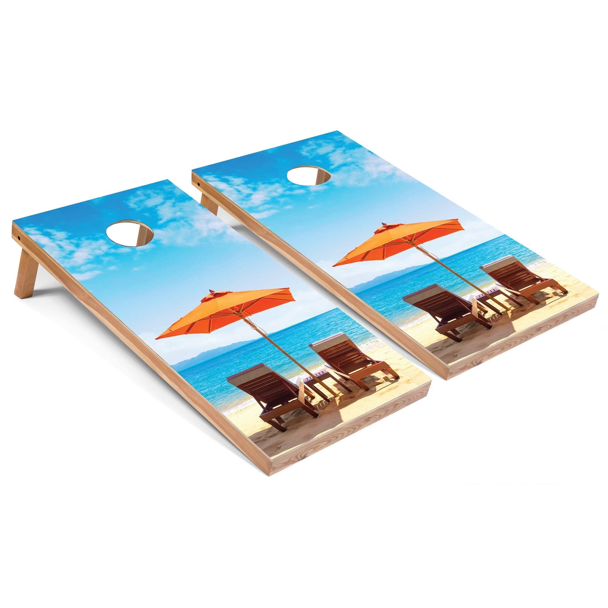 Skip's Garage Regulation Size Beach Umbrella Cornhole Boards Set - Portable Outdoor Cornhole Game for Backyard, Beach & Tailgating - Solid Wood or All-Weather Resistant