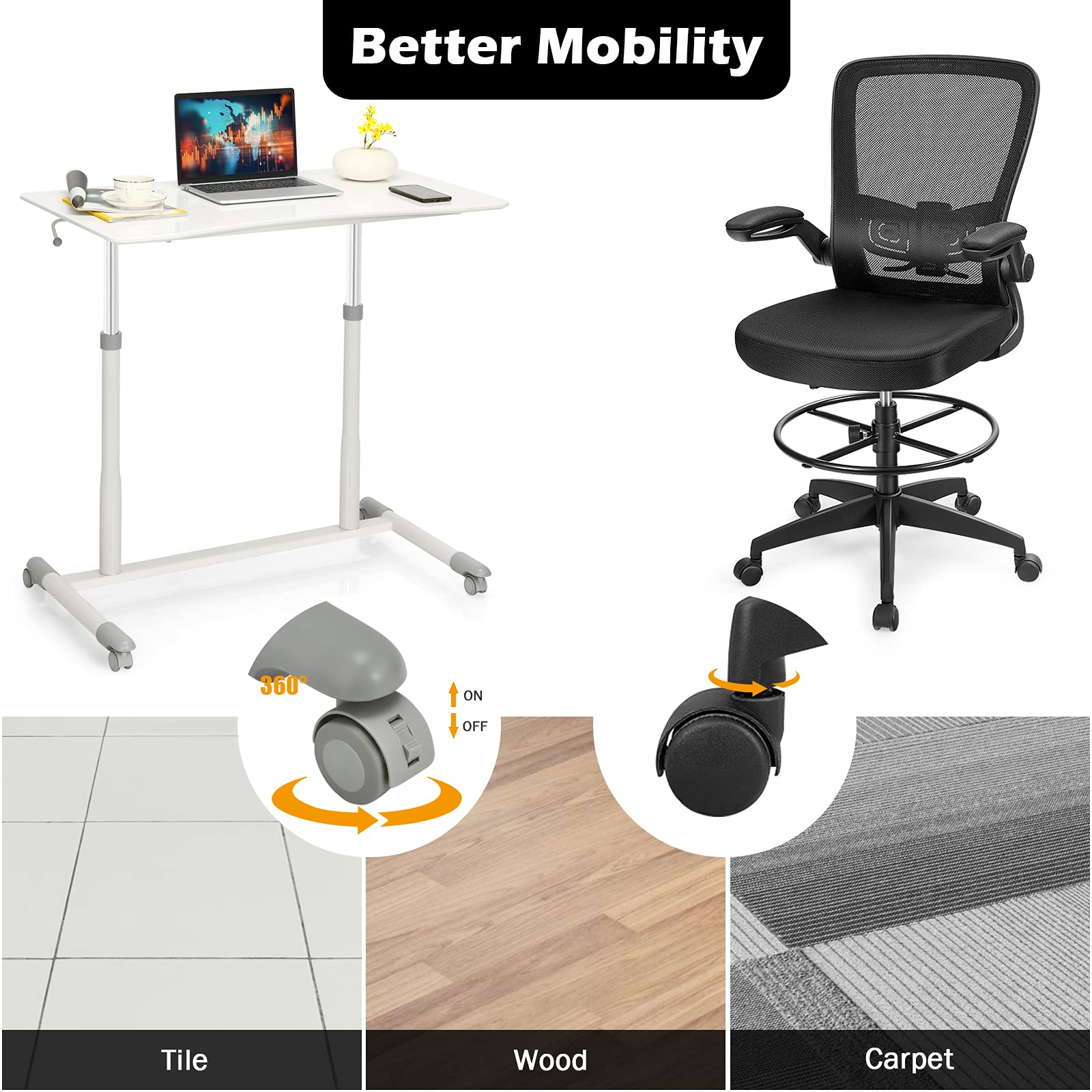 Tangkula Adjustable Height Home Office Desk & Ergonomic Chair Set with Wheels & Lumbar Support - White Computer Desk for Working, Studying, Gaming - Perfect for Small Spaces & Remote Work Setup