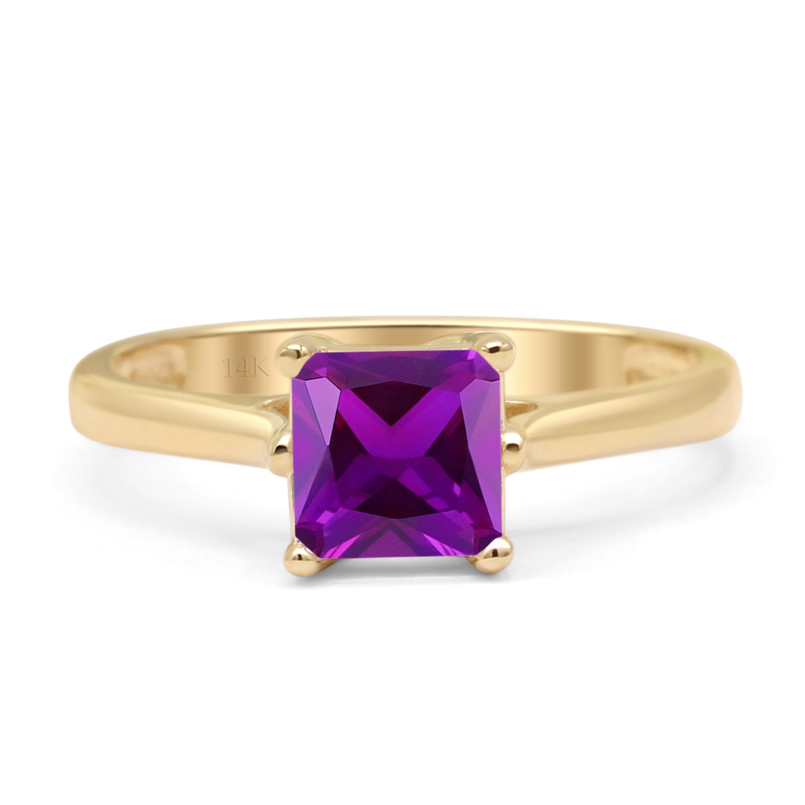 14K Yellow Gold Princess Cut Amethyst Cubic Zirconia Solitaire Ring for Women - Elegant Engagement, Wedding, Anniversary Gift Jewelry