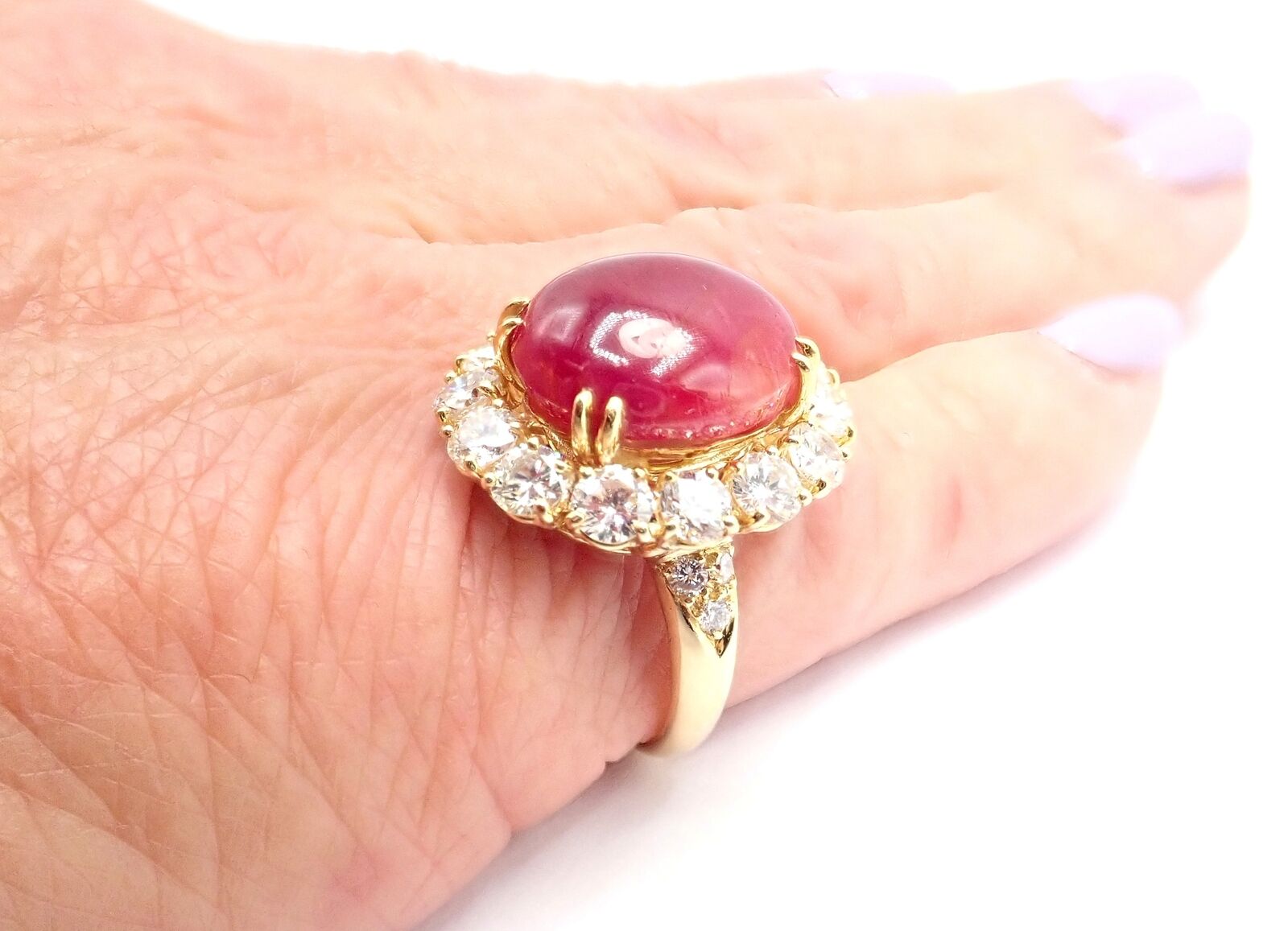 Authentic Van Cleef & Arpels 18k Yellow Gold Large Cabochon Ruby Diamond Ring for Women - Luxury Jewelry Gift for Anniversary, Engagement & Special Occasions