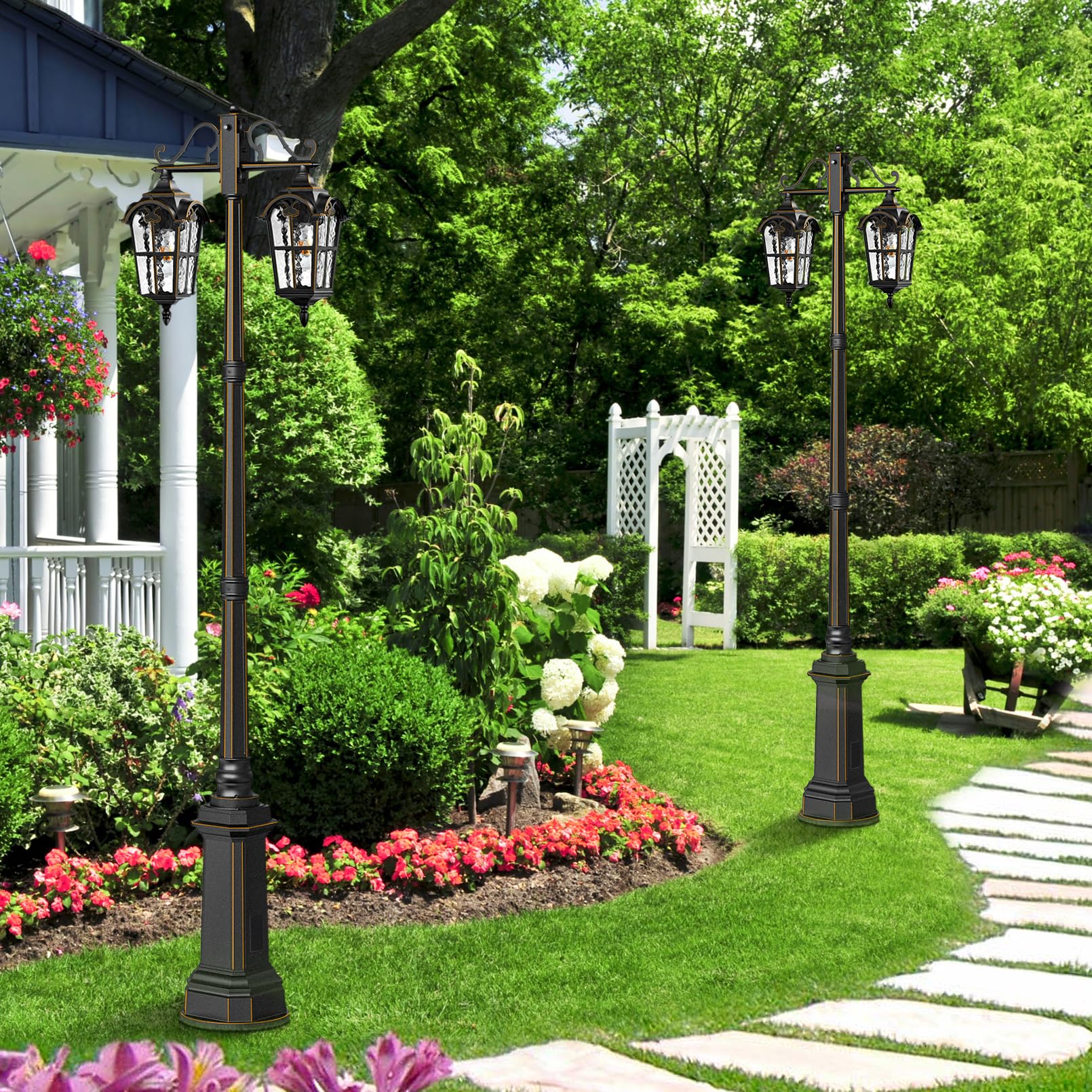 Outdoor Lamp Post Lights with GFCI Outlet - Dusk to Dawn Double Head Street Light Fixture - Black Aluminum Exterior Pole Lights - Waterproof Outdoor Lighting for Garden, Patio, Pathway, Driveway - Perfect for Landscape, Backyard, and Security Lighting