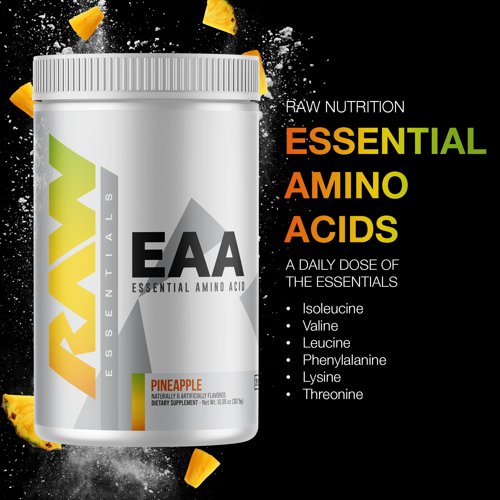 **RAW EAA Essential Amino Acids Powder - Pineapple Flavor (25 Servings) | Pre & Post Workout Supplement for Strength, Endurance & Muscle Recovery | BCAA Amino Acid Powder for Men & Women | Ideal for Gym, Running & Fitness Training**