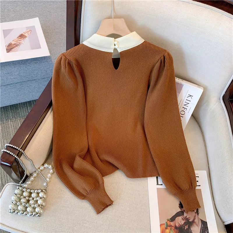 Elegant Black Patchwork Bow Collar Women's Knit Sweater - Korean Chic Slim Fit Long Sleeve Pullover Top for Office Ladies | Fall Winter Fashion | Perfect for Work, Dating & Casual Outings