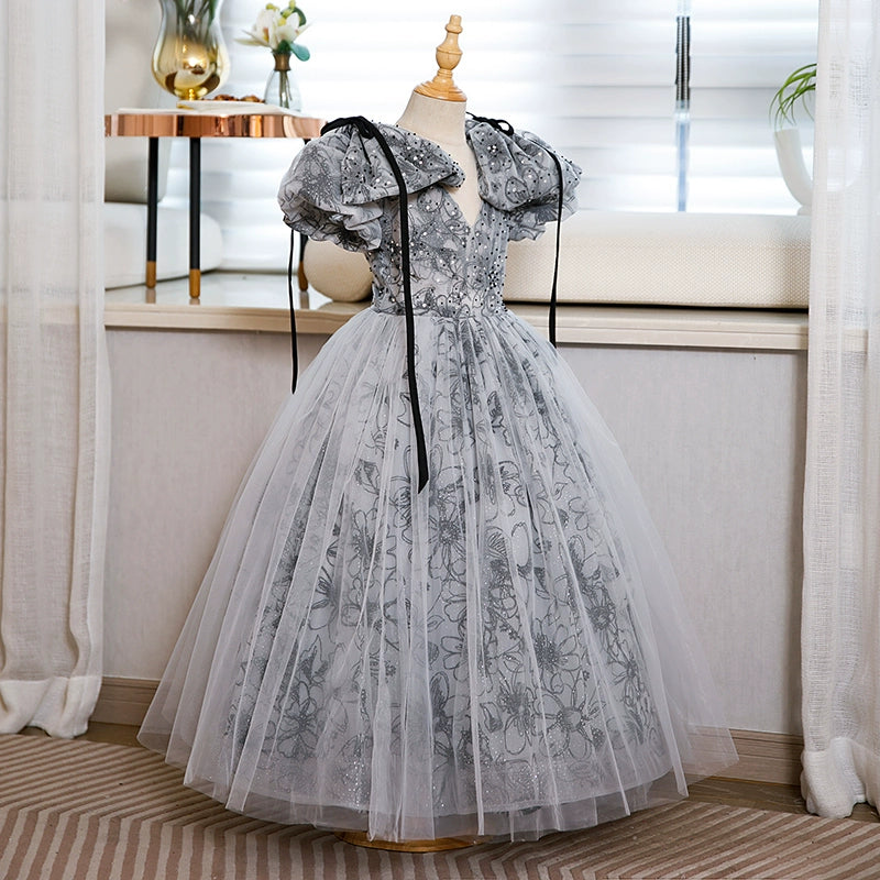 Elegant Baby Girls Puff Sleeve Floral Evening Dress - Toddler Ball Gowns for Special Occasions, Birthday Parties & Photo Shoots
