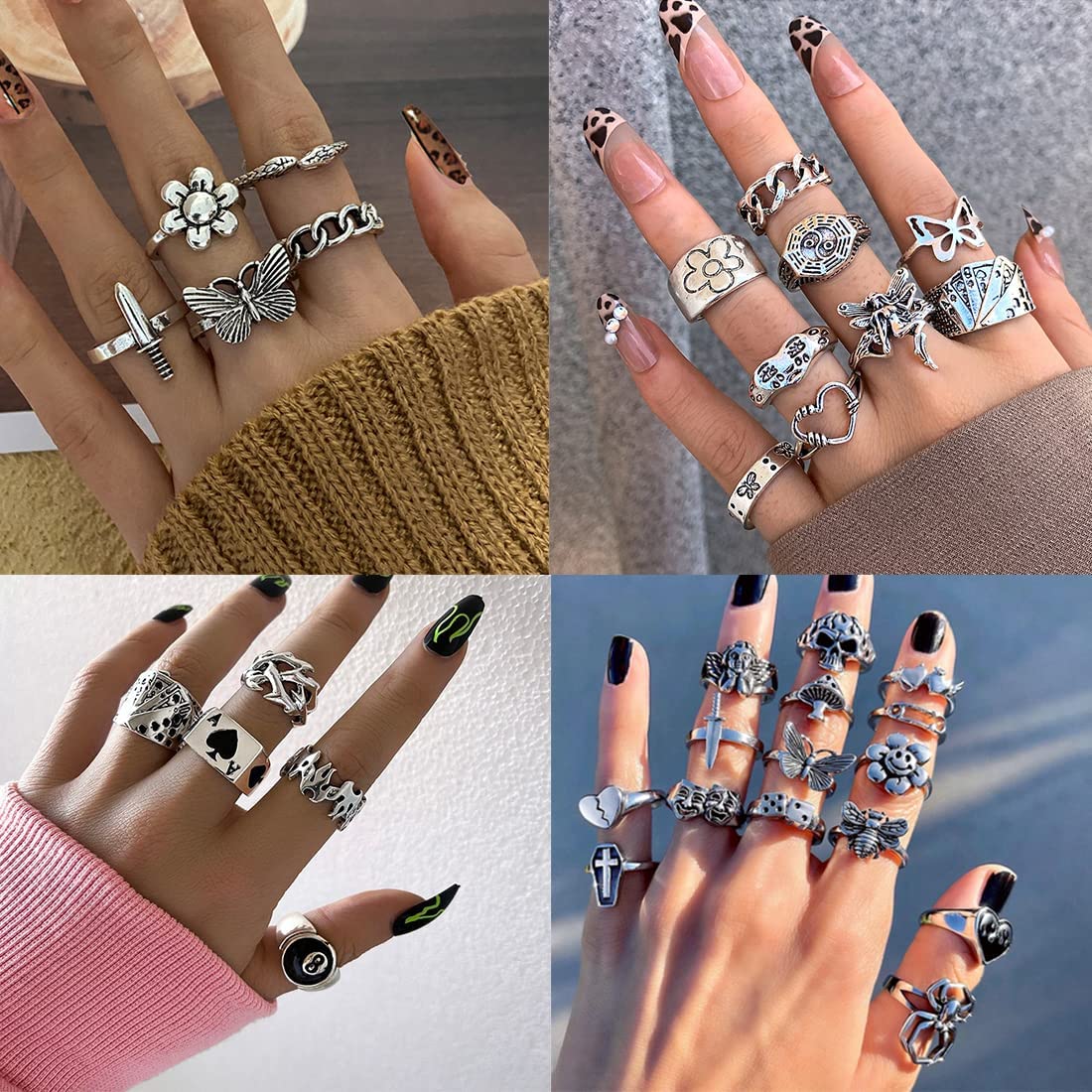 Vintage Silver Punk Rings Set - 49PCS Adjustable Knuckle Rings for Men & Women - Snake, Cross, Flower, Gothic, Hip Hop Style - Stackable Midi Rings for Daily Wear, Parties, Concerts & Photo Shoots