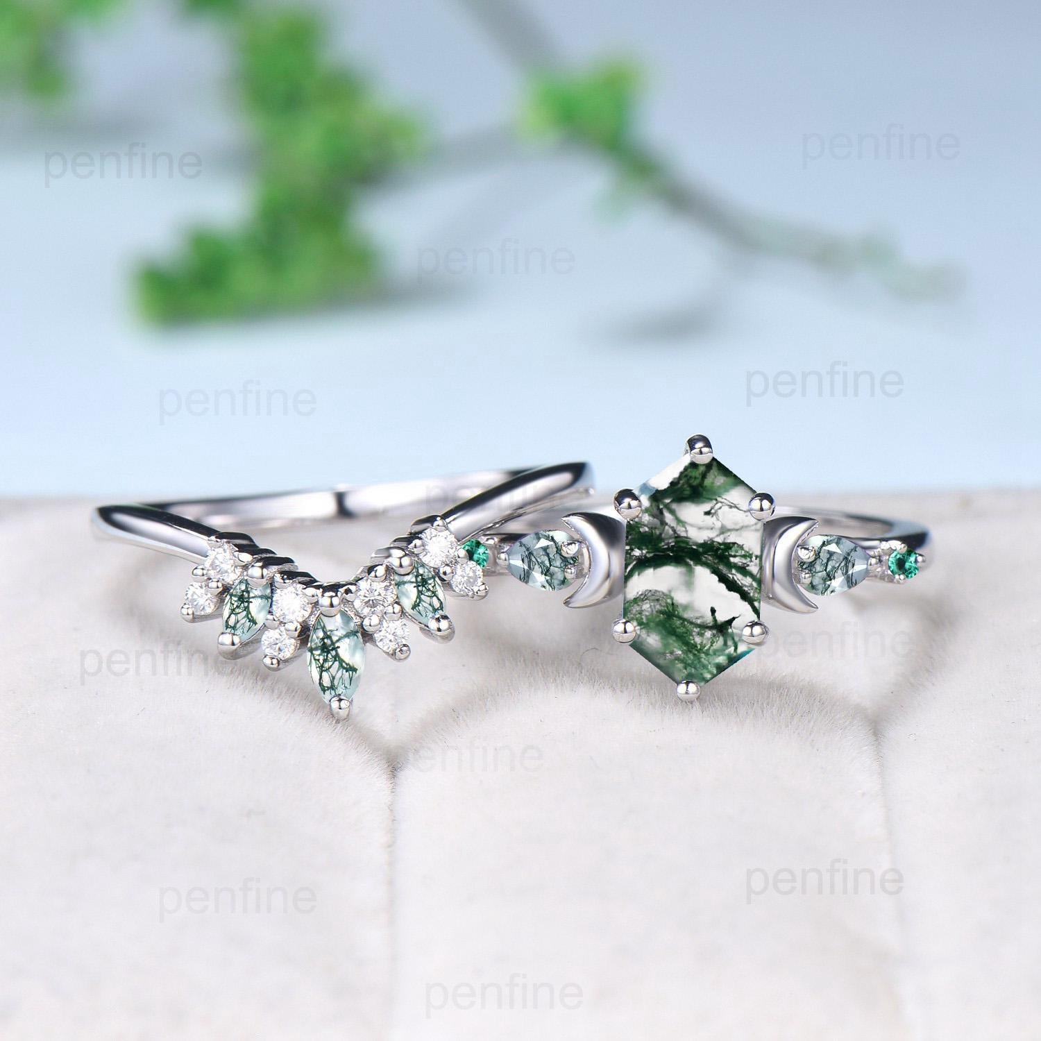 Magic Crescent Moon Moss Gate Ring Set - Unique Long Hexagon Moss Agate Engagement Ring, Art Deco Emerald Wedding Ring Set, Vintage Bridal Jewelry for Boho Weddings & Nature-Inspired Proposals