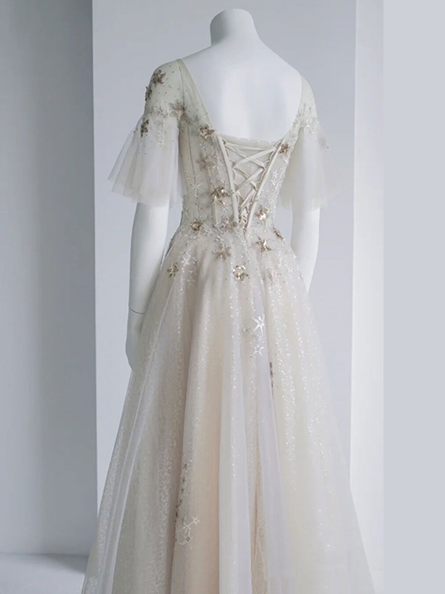 Elegant Light Champagne Tulle Sequin Tea-Length Prom Dress - Formal Evening Gown for Homecoming, Quinceañera & Special Occasions