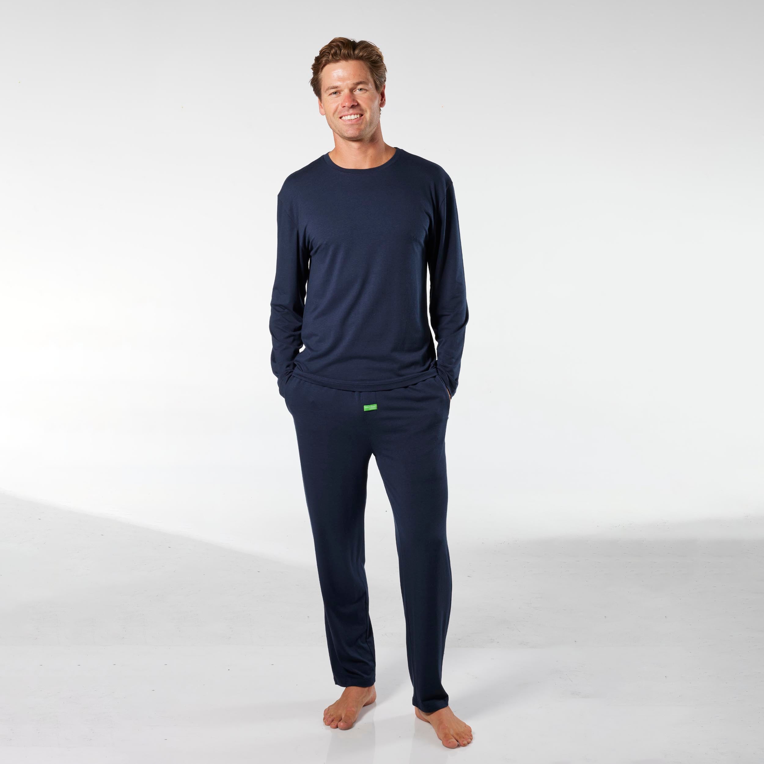 Men's Soft Bamboo Long Sleeve Sleep Tee - Breathable & Comfortable Pajama Top for Nightwear, Lounge Wear & Relaxation - Navy Blue
