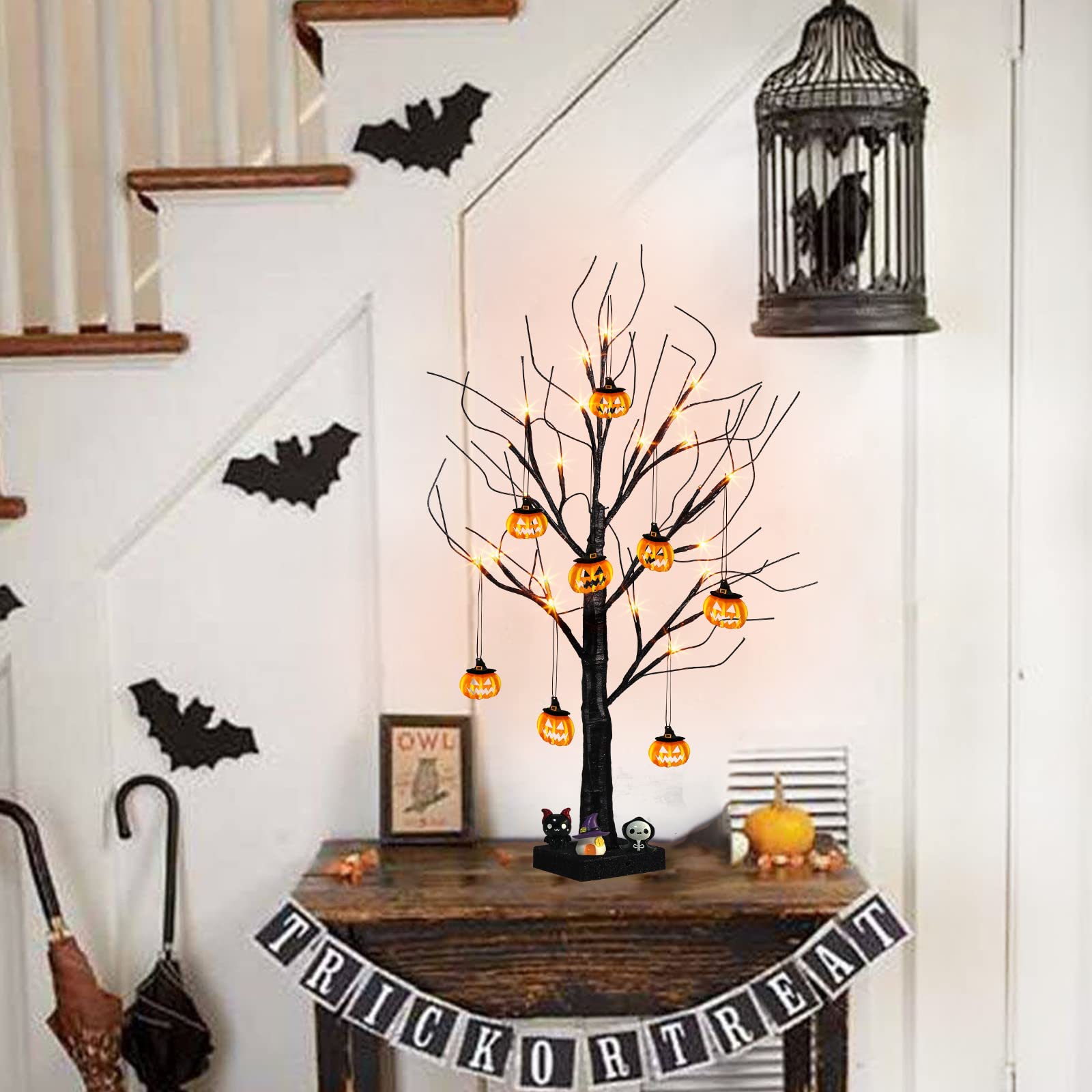 PEIDUO 2FT Halloween Tree with 24 Orange LED Lights & 8 Pumpkin Ornaments - Battery Powered Black Halloween Decor with Timer - Perfect for Indoor Home, Desk, Table, and Party Decorations