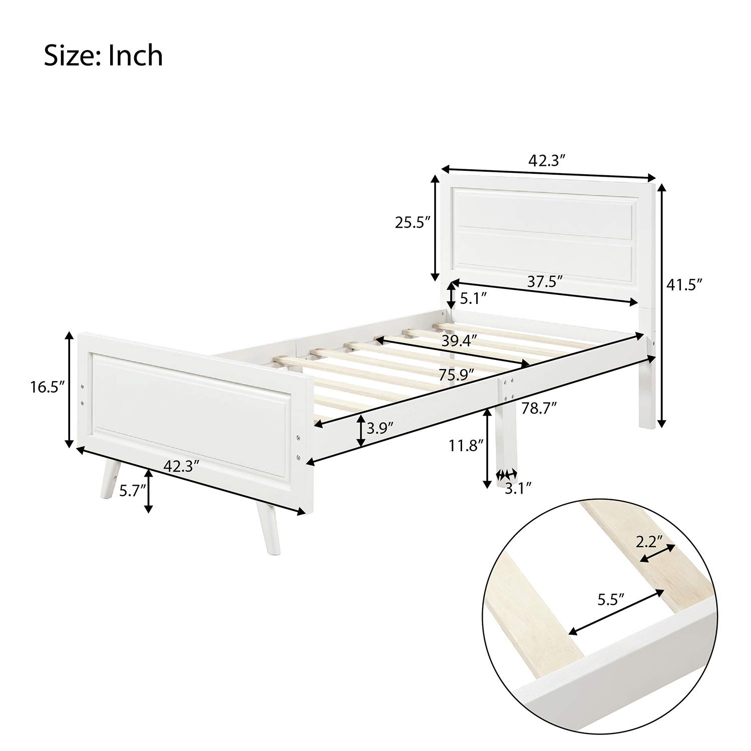 SOFTSEA Twin Size Platform Bed Frame with Headboard & Footboard - Solid Wood Construction with Wood Slat Support - Sturdy Kids Bed Frame in White - Perfect for Children's Bedrooms, Guest Rooms & Small Spaces