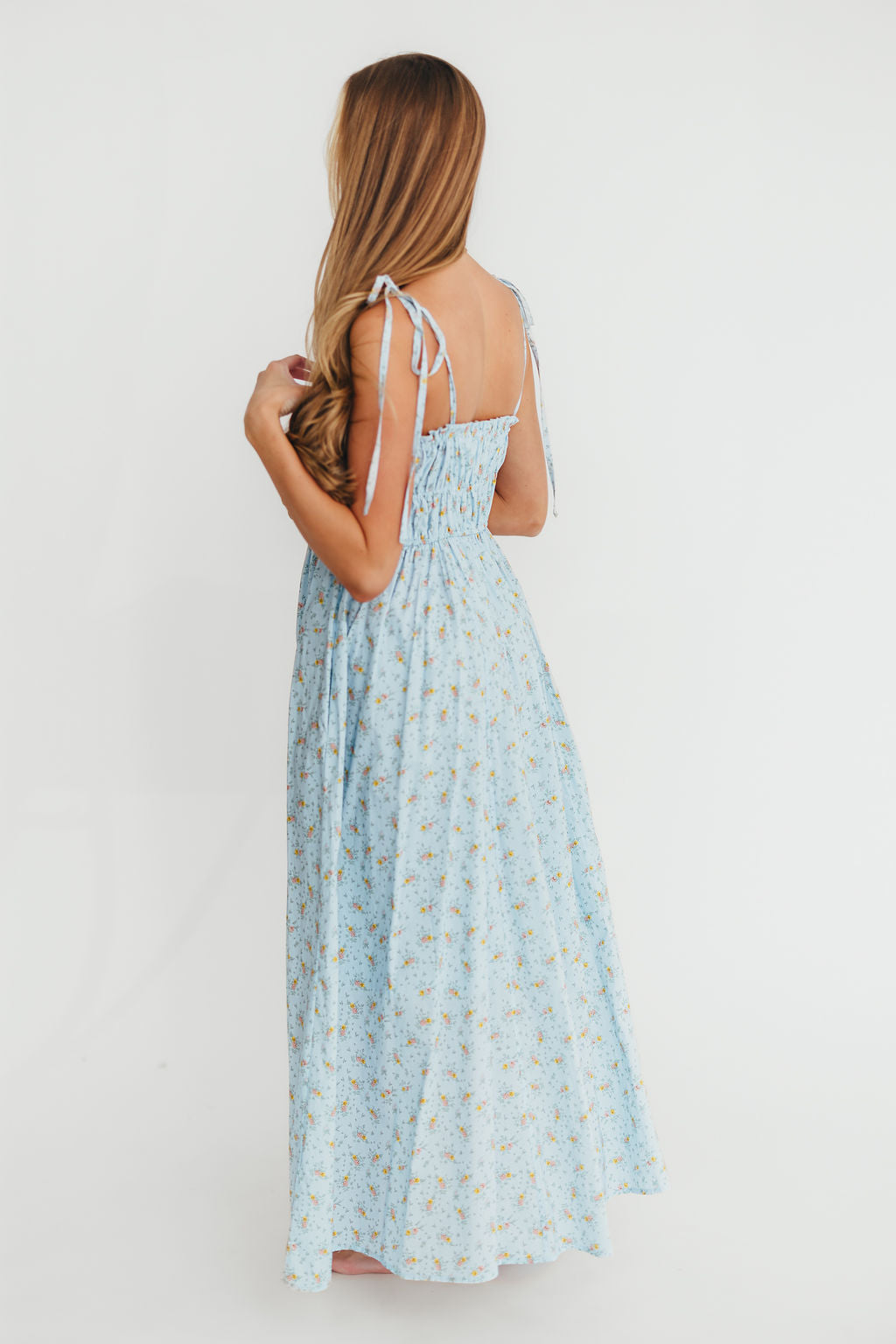 Powder Blue Lila Ruched Floral Maxi Dress for Women - Elegant Summer Beach Wedding Party Dress