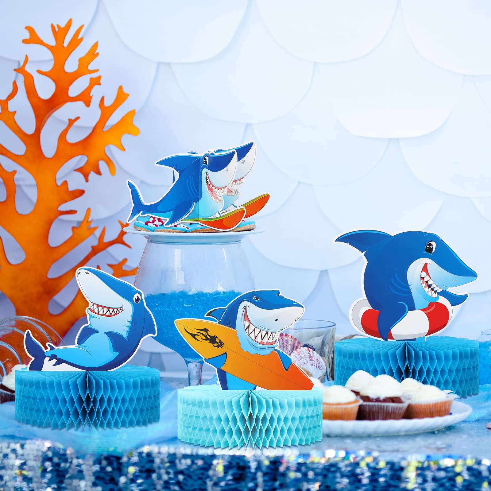 9 Pieces Shark Birthday Party Decorations Set - Honeycomb Table Centerpiece, Baby Shower & Sea Themed Party Supplies for Kids | Perfect for Underwater Ocean Theme Parties, Shark Week Celebrations & Nautical Birthday Decor