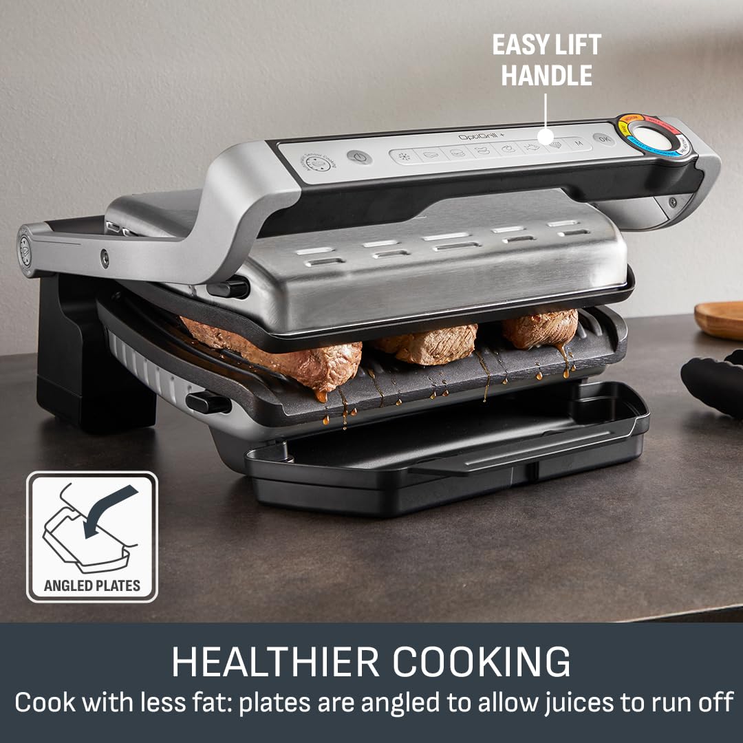 Tefal GC722D40 Optigrill Plus XL Electric Grill - 9 Automatic Cooking Settings, Smart Sensor, Non-Stick Removable Plates, Stainless Steel Design - Perfect for Indoor BBQ, Family Gatherings & Healthy Meals