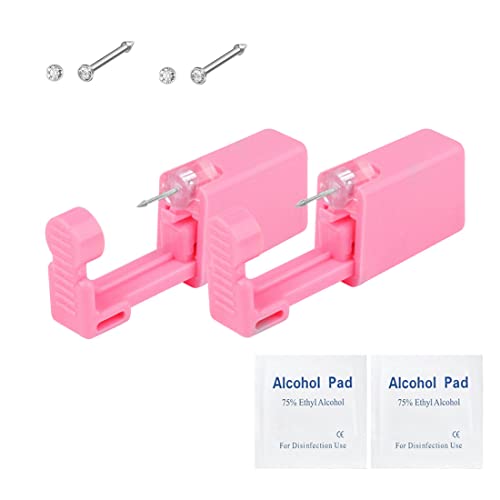 316L 20G Pink Self Nose Piercing Gun Kit - 10 Pcs Disposable Sterile Safety Nose Piercing Tool with Free Silver White Nose Rings & Studs (GP-S201-2) | Professional Salon & Home Piercing for Beginners