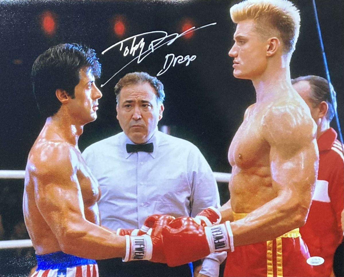 Dolph Lundgren Autographed 16x20 Rocky IV Photo as Drago - JSA Certified - Perfect for Movie Memorabilia Collectors & Home Theater Decor