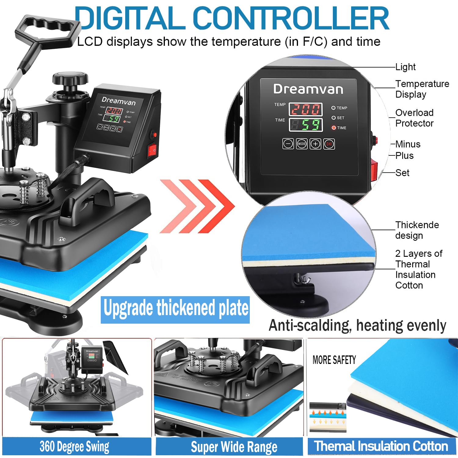 AKEYDIY 8 in 1 Digital Heat Press Machine 12x15 Inch with 360° Swing Away - Multi-Function Sublimation Combo for T-Shirts, Mugs, Hats & Plates - Perfect for DIY Crafts, Custom Apparel & Small Business Printing