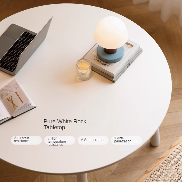 Birch Solid Wood Round Dining Table - White Cream Style Rock Board - Perfect for Modern Kitchens, Dining Rooms & Small Spaces