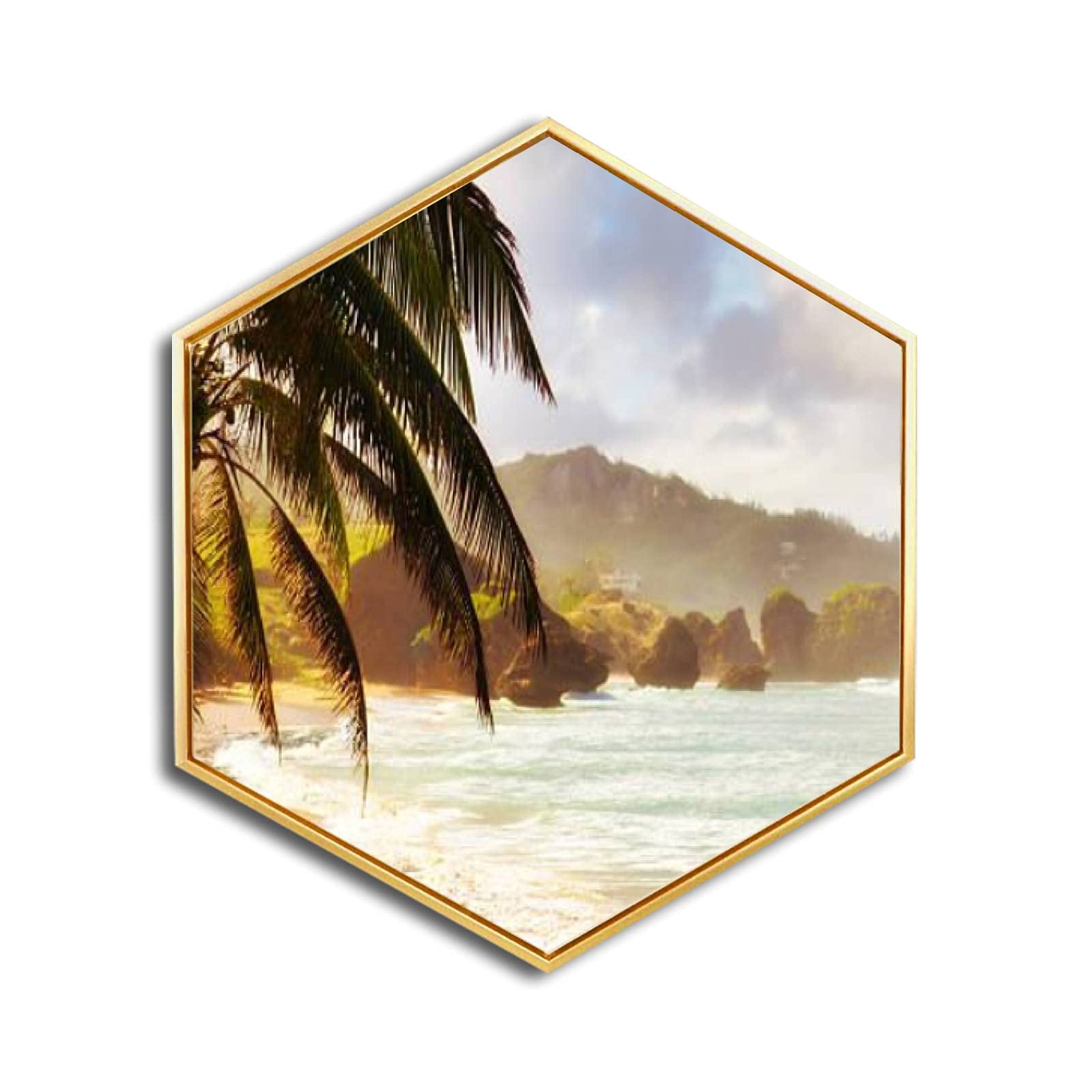 Canvas Wall Art - Bathsheba Barbados Giclee Print with Golden Frame | Minimalist Modern Hexagon Wall Decor for Home & Office | Ready to Hang | Perfect for Living Room, Bedroom & Workspace