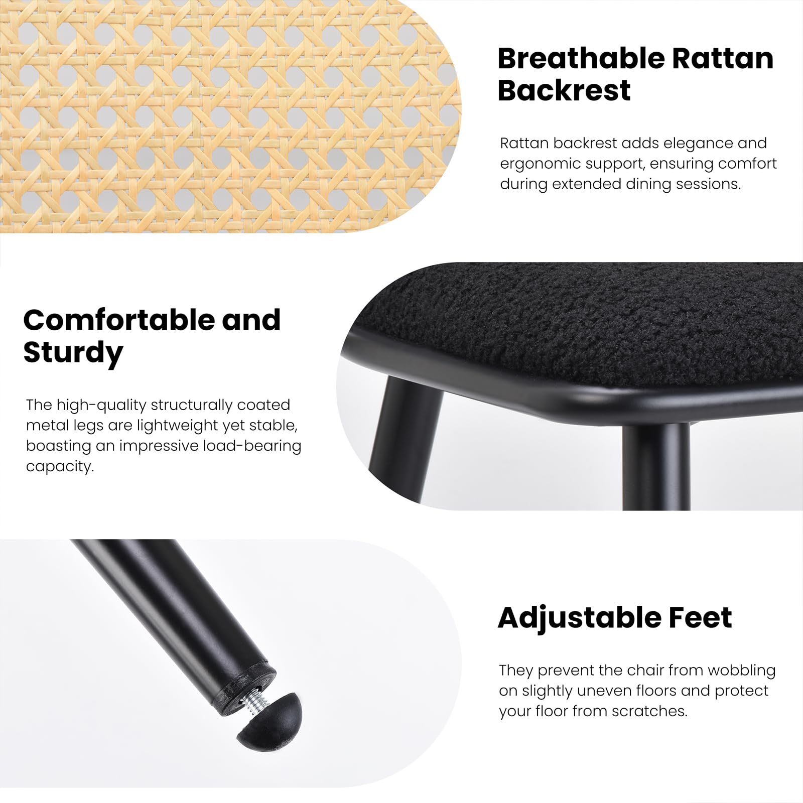 Farini Mid-Century Modern Dining Chairs Set of 2 - Rattan Backrest & Metal Frame Boucle Upholstered Kitchen Chairs for Dining Room, Kitchen, Living Room - Perfect for Small Spaces and Contemporary Home Decor (Black)