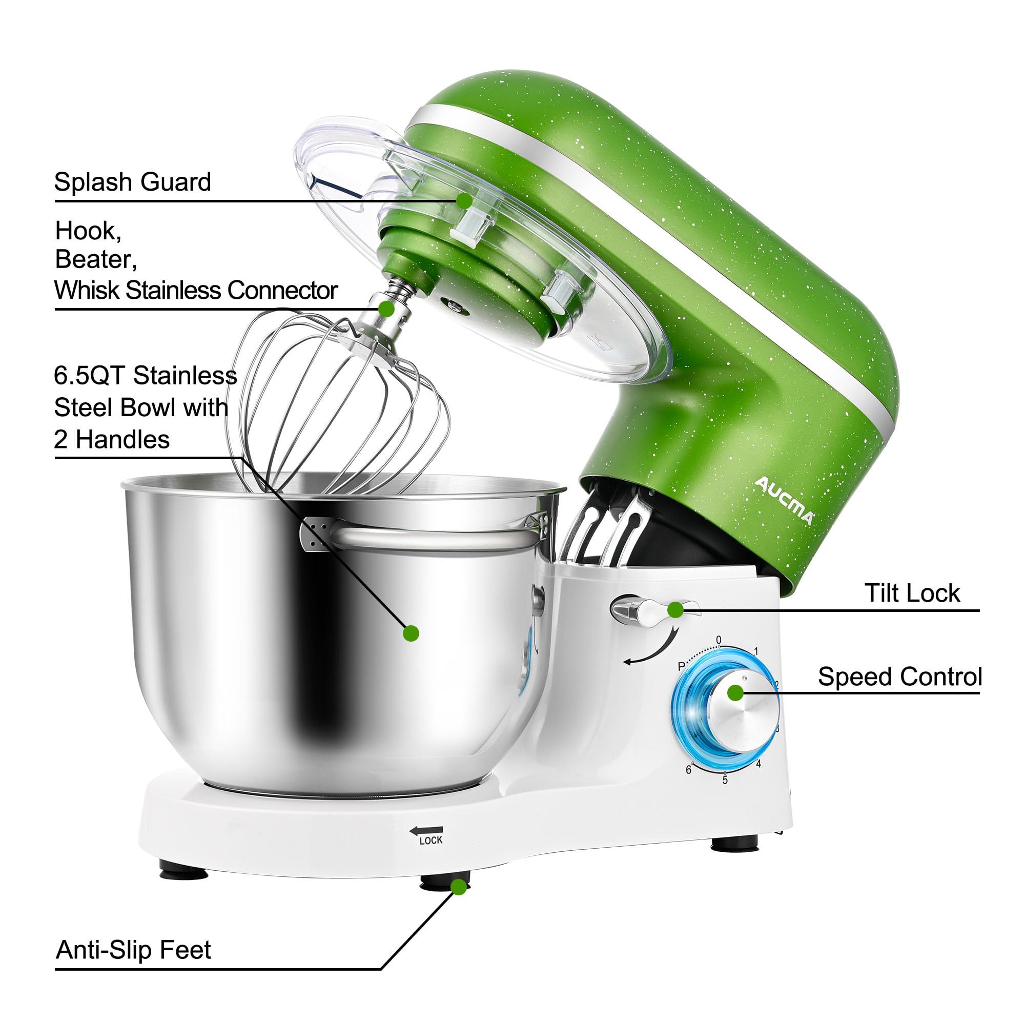 Aucma 6.5QT 660W Stand Mixer - 6-Speed Tilt-Head Electric Kitchen Mixer with Dough Hook, Wire Whip & Beater (Green-White) - Perfect for Baking Cakes, Cookies, Bread & Pastries at Home