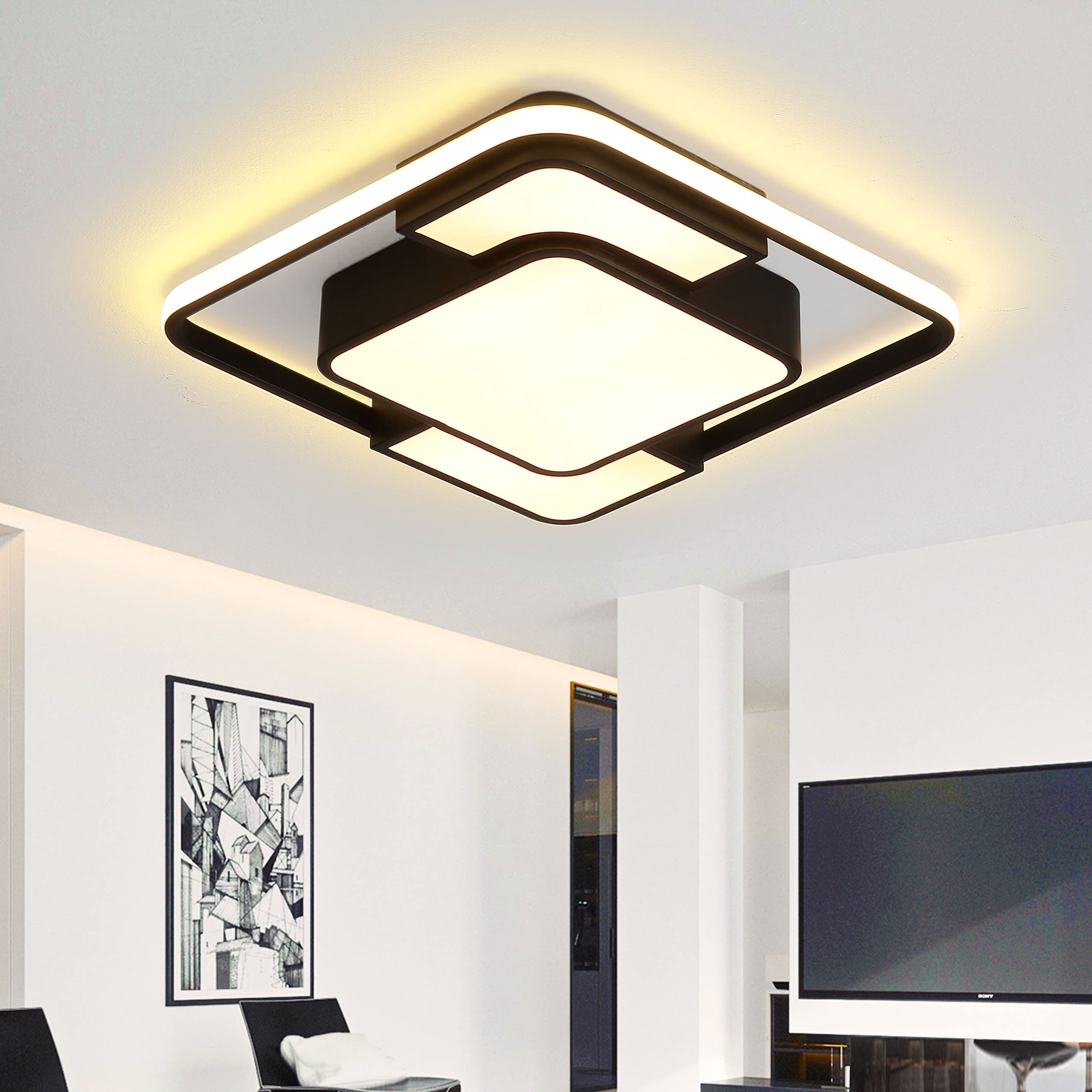 KIWIVIC Modern LED Ceiling Light 75W, Dimmable Black Square Ceiling Lamp with Remote Control, 41 x 41cm - Perfect for Bedroom, Living Room, Dining Room, Kitchen Lighting and Home Decor