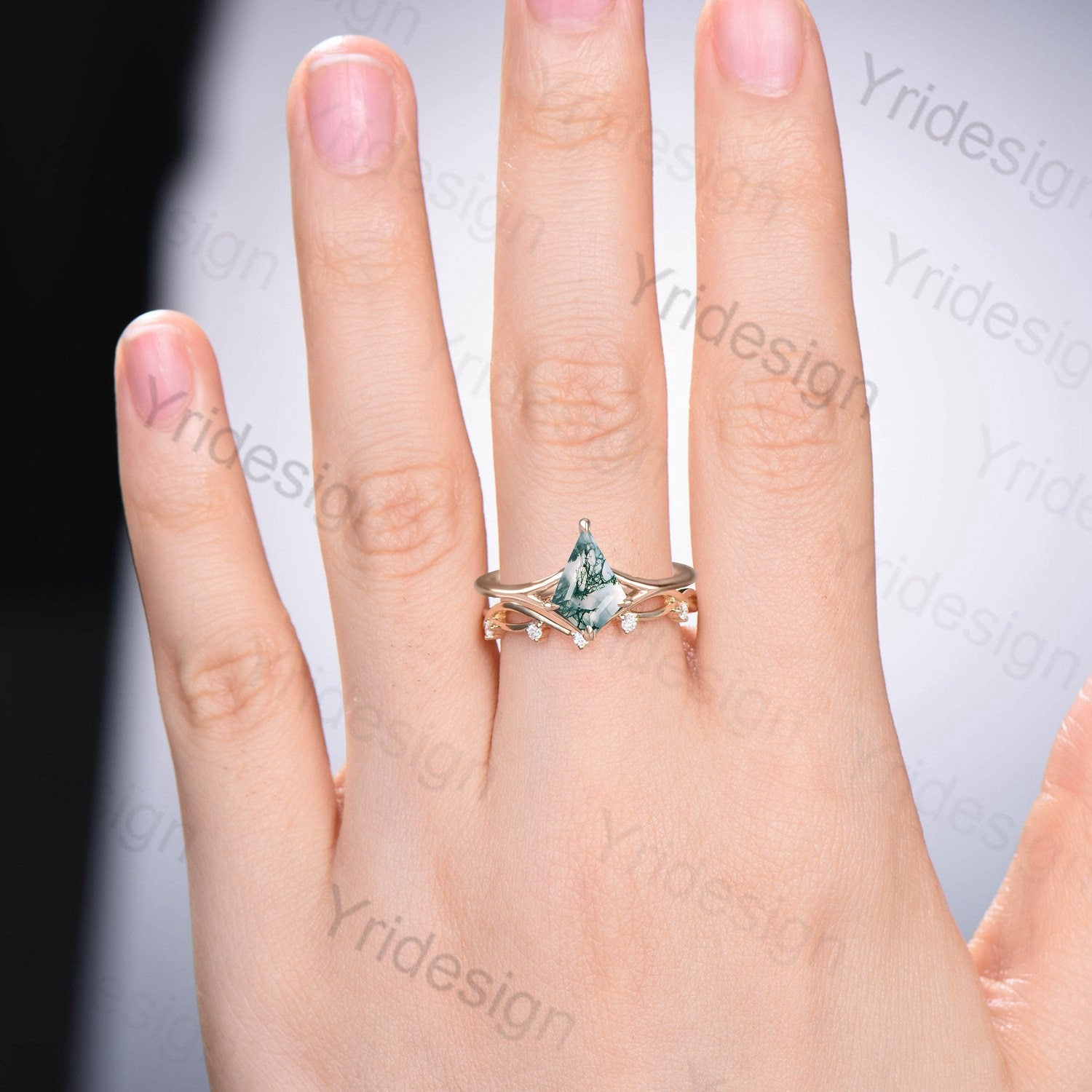 Elegant Kite-Cut Moss Agate Ring Set | Simple Split Shank Green Agate Engagement Ring | Solitaire Bridal Wedding Band | Anniversary Gift for Her | Perfect for Proposals, Weddings & Special Occasions