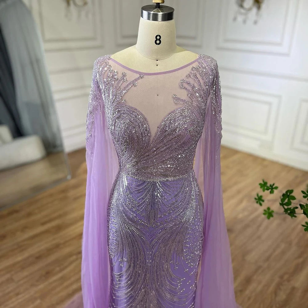 Elegant Dubai Arabic Lilac Beaded Mermaid Evening Gown with Cape Sleeves for Women - Luxury Party Dress for Weddings, Galas & Special Occasions | Serene Hill Collection LA72532