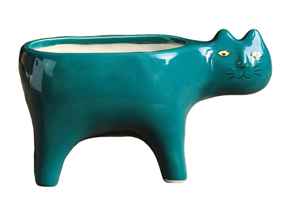 123Arts Ceramic Cat Planter - Cute Succulent & Flower Pot with Drainage Hole - Perfect for Home Decor, Office Desk, Garden & Gift Giving