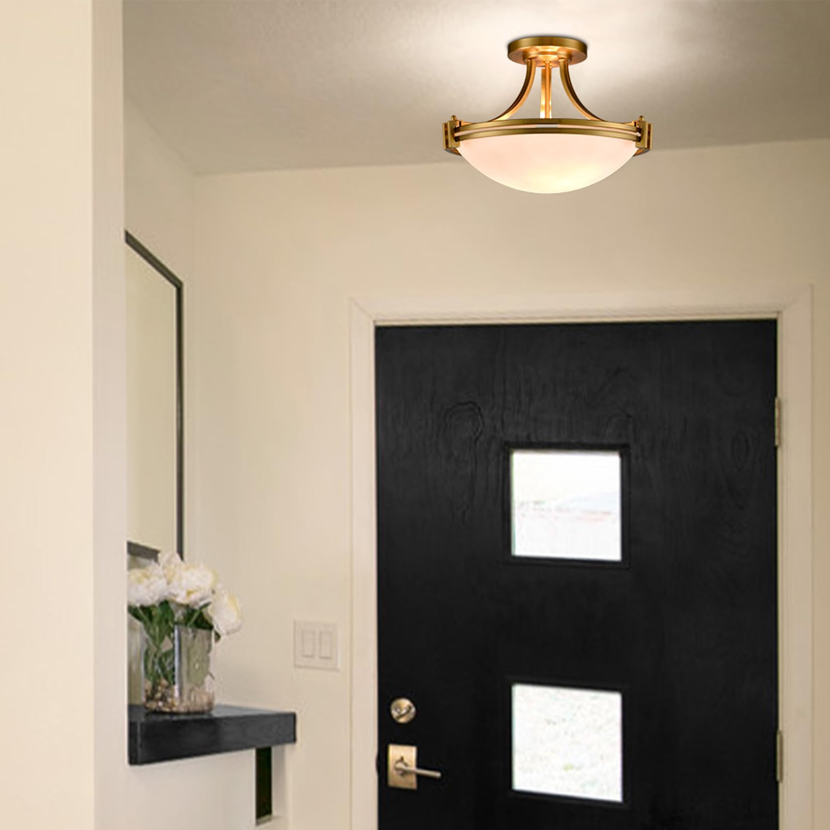 SAMTEEN 3-Light Modern Brass Semi Flush Mount Ceiling Fixture - Mid Century Gold Finish with Milk Glass Shade - Perfect for Hallway, Bedroom, Foyer & Kitchen Lighting