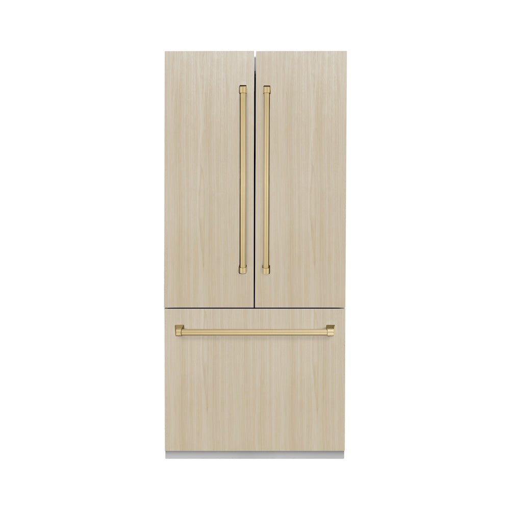 ZLINE Autograph Edition 36 Inch Panel Ready French Door Refrigerator - 19.6 cu ft Built-In Bottom Freezer with Ice Maker & Water Dispenser - Champagne Bronze Accents (RBIVZ 36 CB) - Perfect for Modern Kitchens, Luxury Homes & Gourmet Cooking Spaces