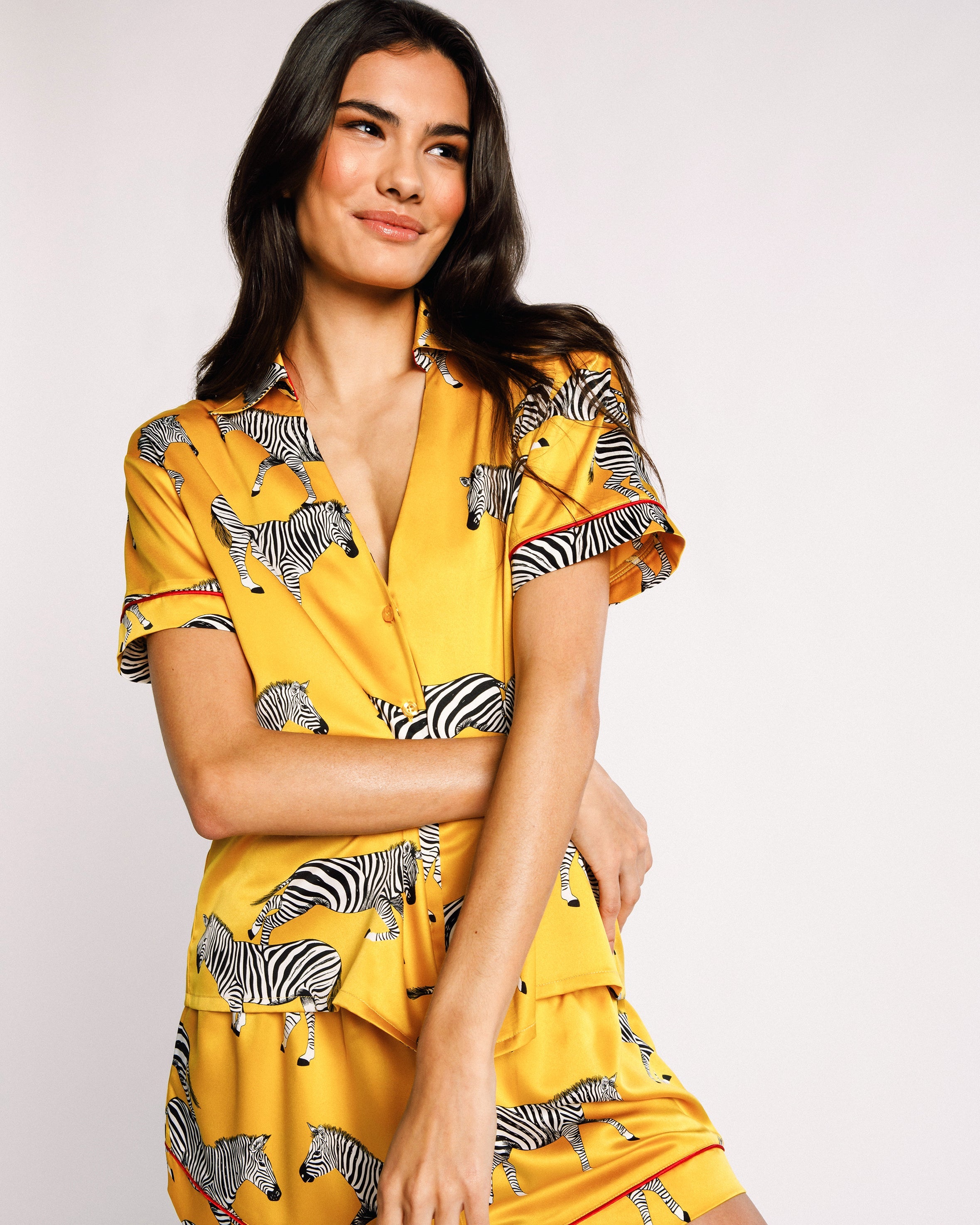 Satin Zebra Print Short Pajama Set for Women - Mustard Yellow - Comfortable Sleepwear for Summer Nights & Lounge Wear