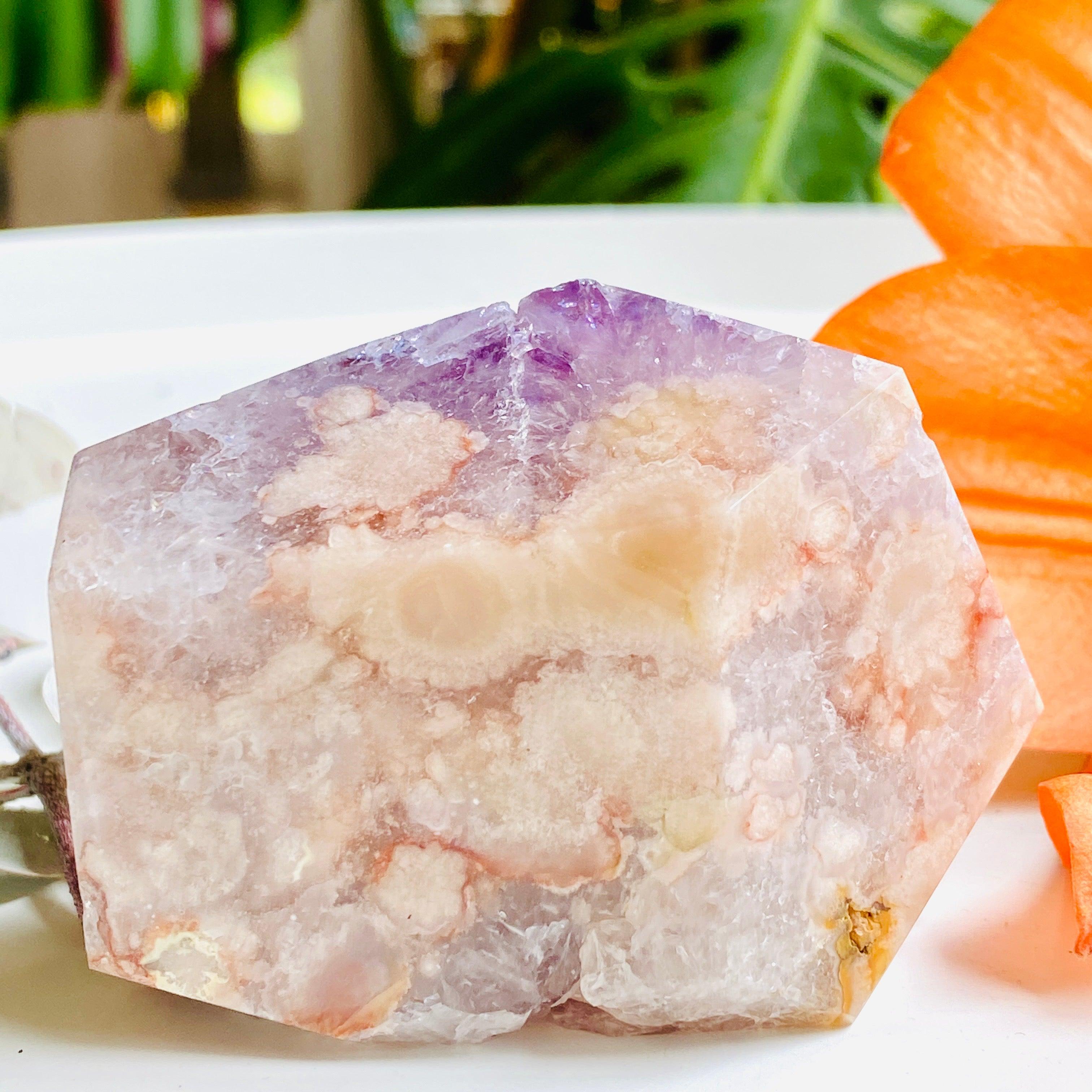 Natural Amethyst and Pink Flower Agate Freeform Slab - Healing Crystal for Meditation, Yoga & Home Decor | PAFF 04