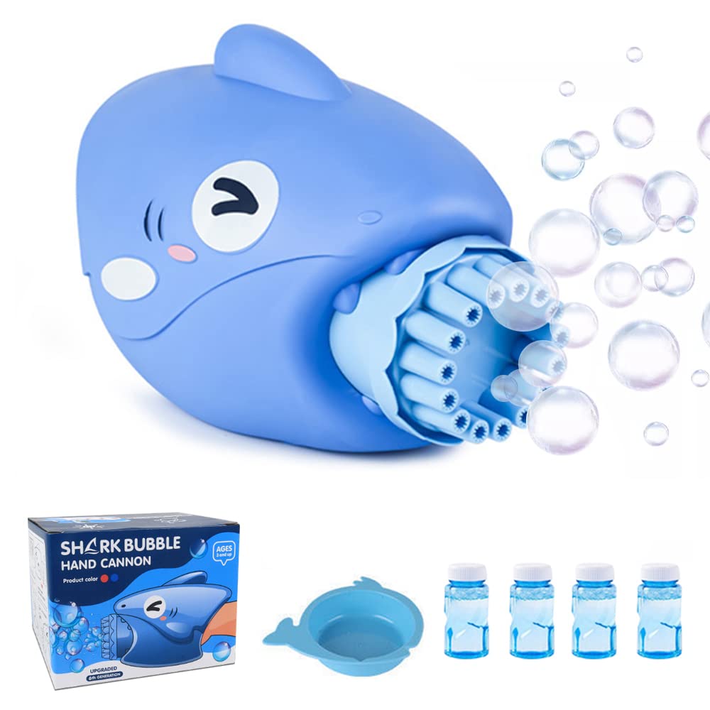 Shark Bubble Blower Machine for Kids - Automatic Bubble Maker with 4 Bubble Solution Bottles - Fun Outdoor Toy for Toddlers Ages 3+ - Perfect for Birthday Parties, Camping, Backyard Play & Summer Activities (Blue)