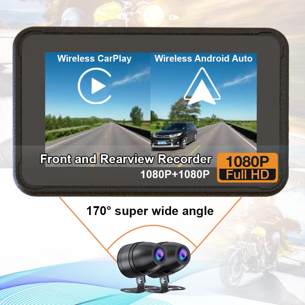 Motorcycle CarPlay Android Auto GPS Navigation System with Dual 1080p DVR Cameras, Bluetooth, WiFi, Waterproof Design & 1000mAh Battery - Handlebar Mount (Yellow) for Adventure Riding & Commuting